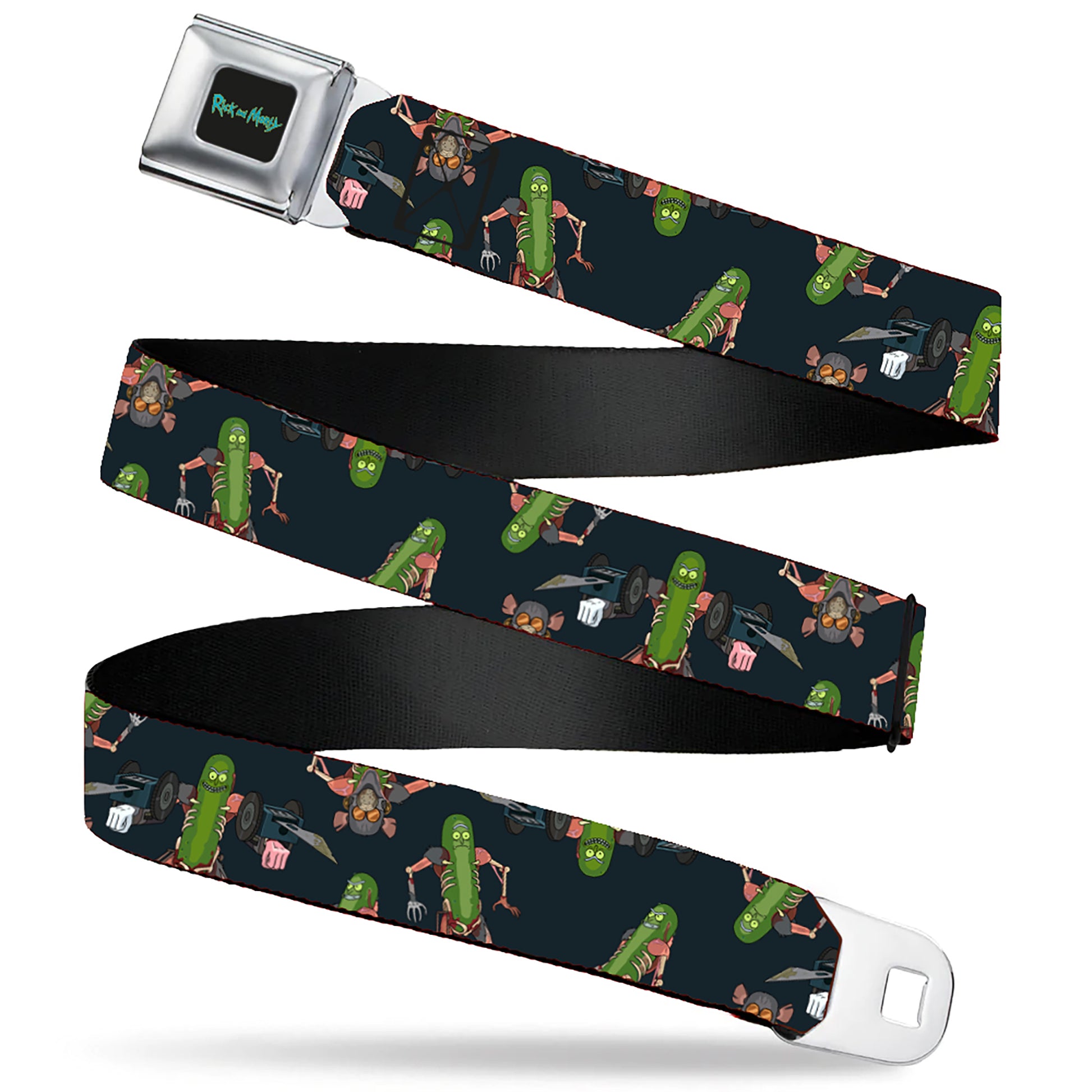 RICK AND MORTY Text Logo Full Color Black/Blue Seatbelt Belt - Rick and Morty Pickle Rick Rat Suit Poses Scattered Black Webbing Seatbelt Belts Rick and Morty