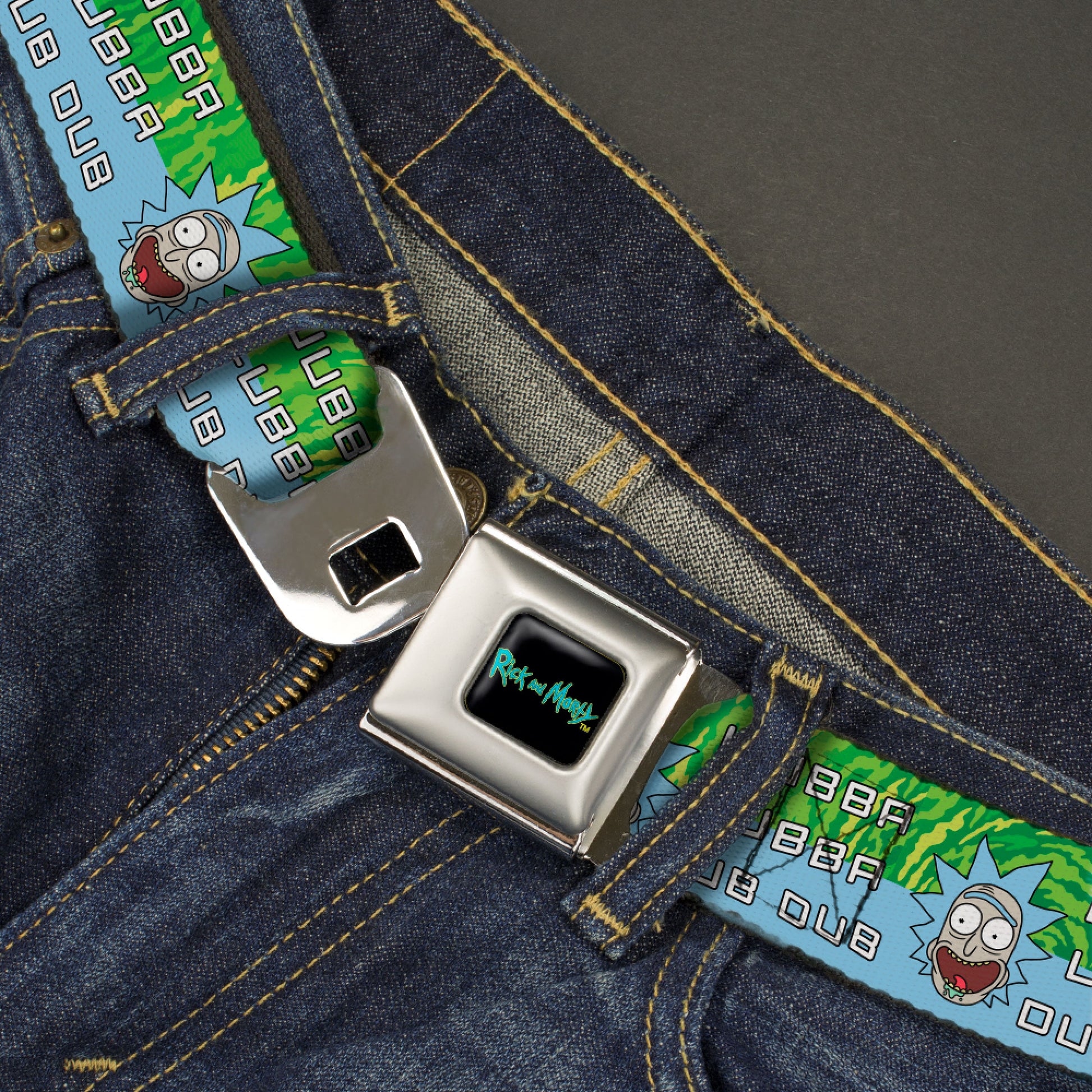 RICK AND MORTY Text Logo Full Color Black/Blue Seatbelt Belt - Rick and Morty Rick WUBBA LUBBA DUB DUB Face Greens/Blue Webbing Seatbelt Belts Rick and Morty