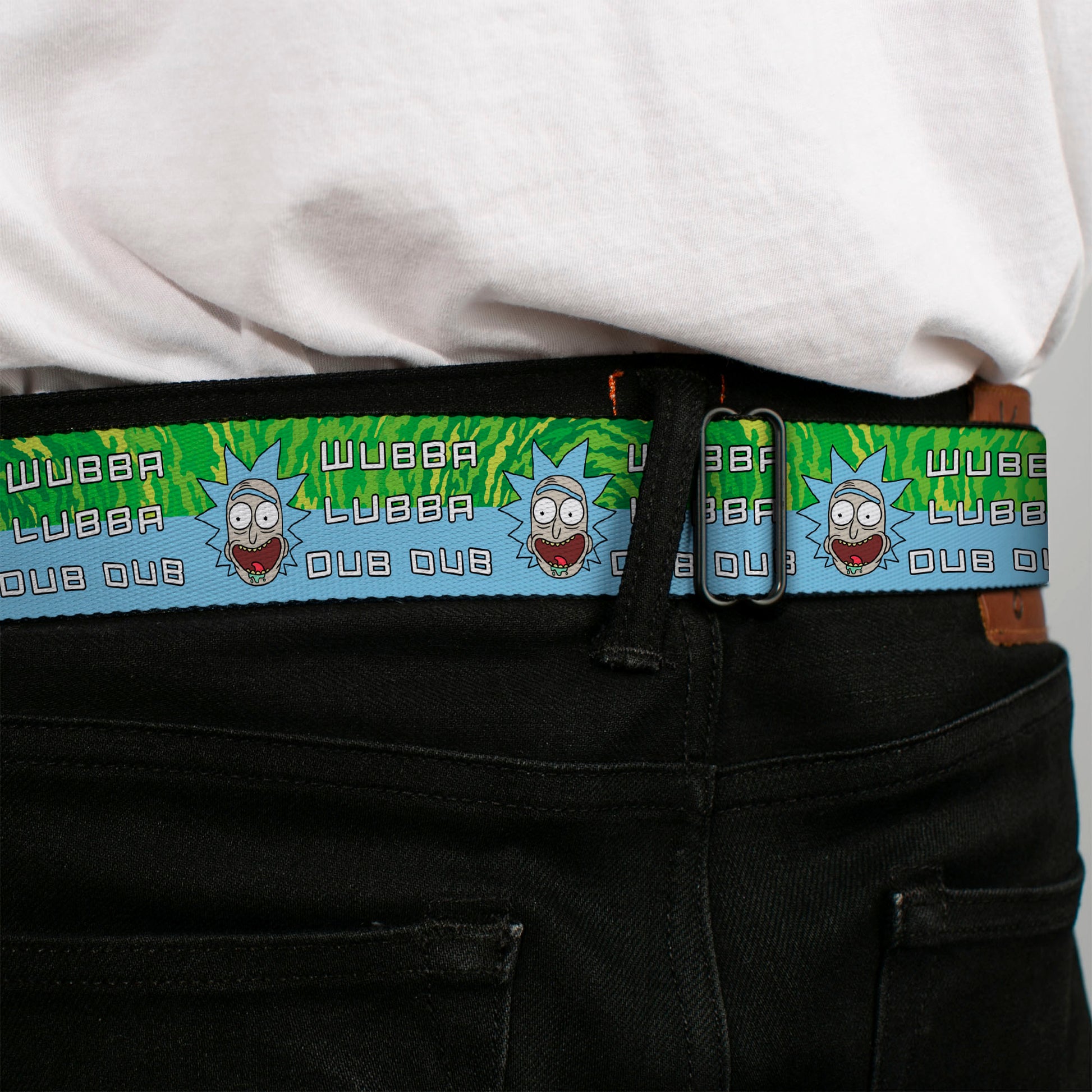 RICK AND MORTY Text Logo Full Color Black/Blue Seatbelt Belt - Rick and Morty Rick WUBBA LUBBA DUB DUB Face Greens/Blue Webbing Seatbelt Belts Rick and Morty