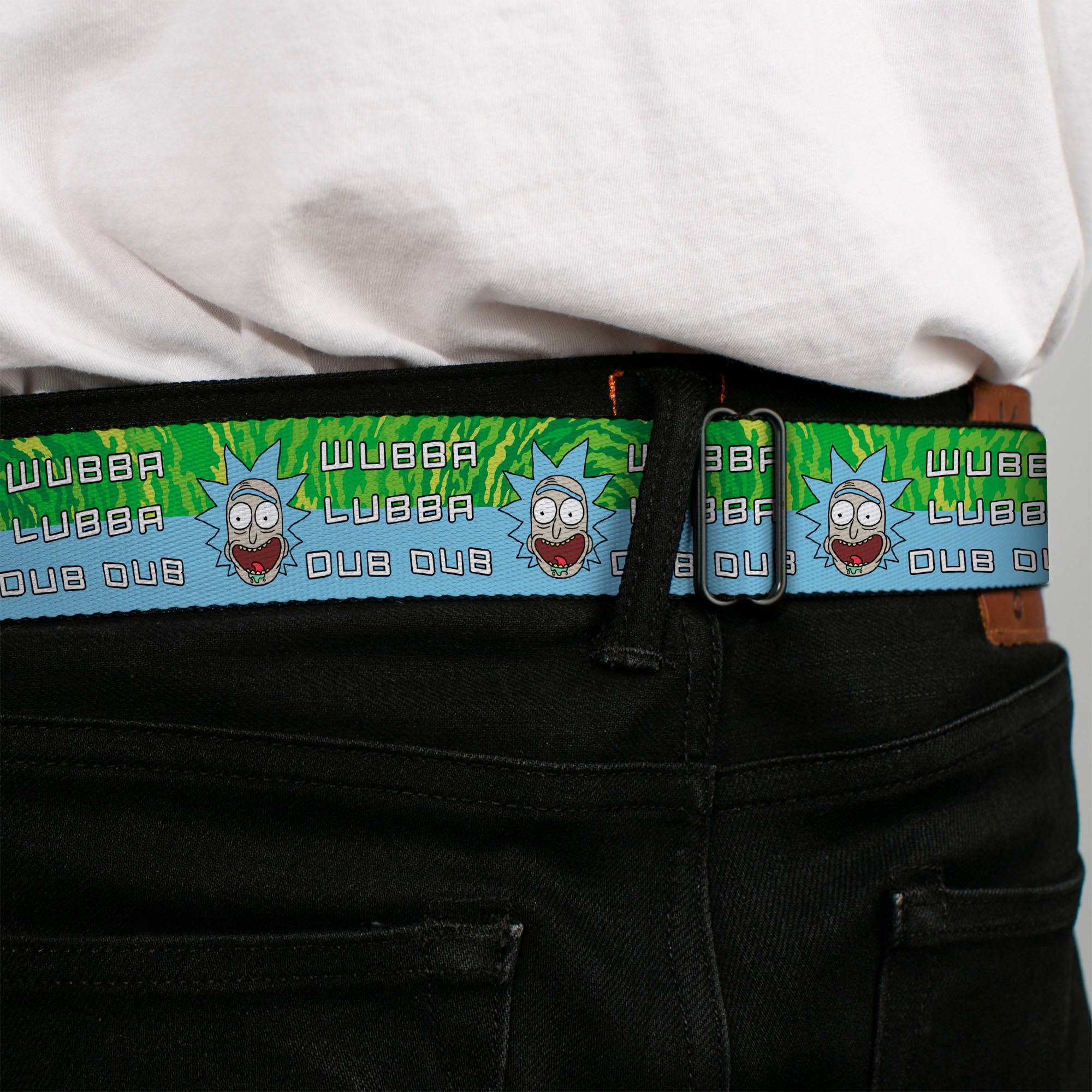 RICK AND MORTY Text Logo Full Color Black/Blue Seatbelt Belt - Rick and Morty Rick WUBBA LUBBA DUB DUB Face Greens/Blue Webbing Seatbelt Belts Rick and Morty