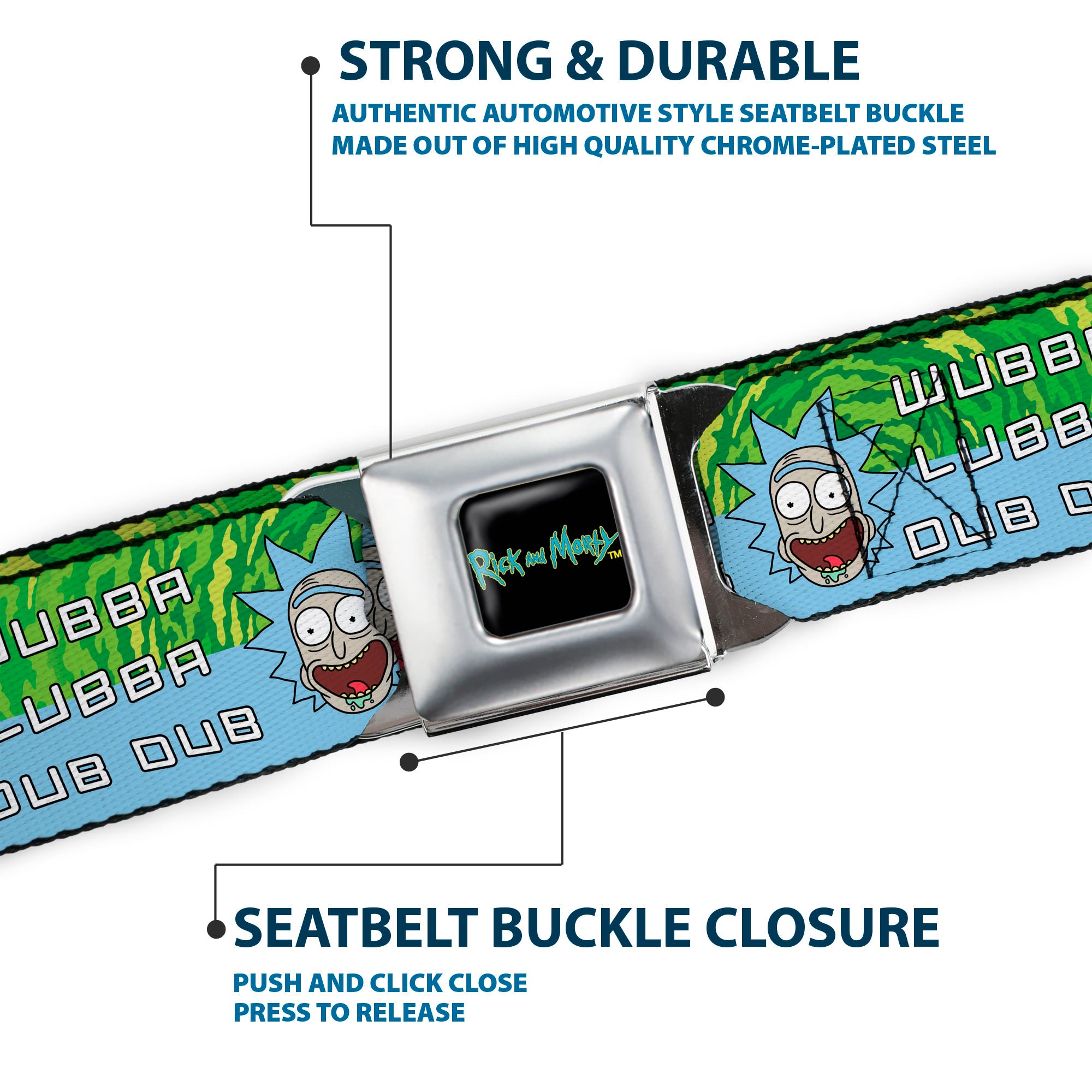 RICK AND MORTY Text Logo Full Color Black/Blue Seatbelt Belt - Rick and Morty Rick WUBBA LUBBA DUB DUB Face Greens/Blue Webbing Seatbelt Belts Rick and Morty