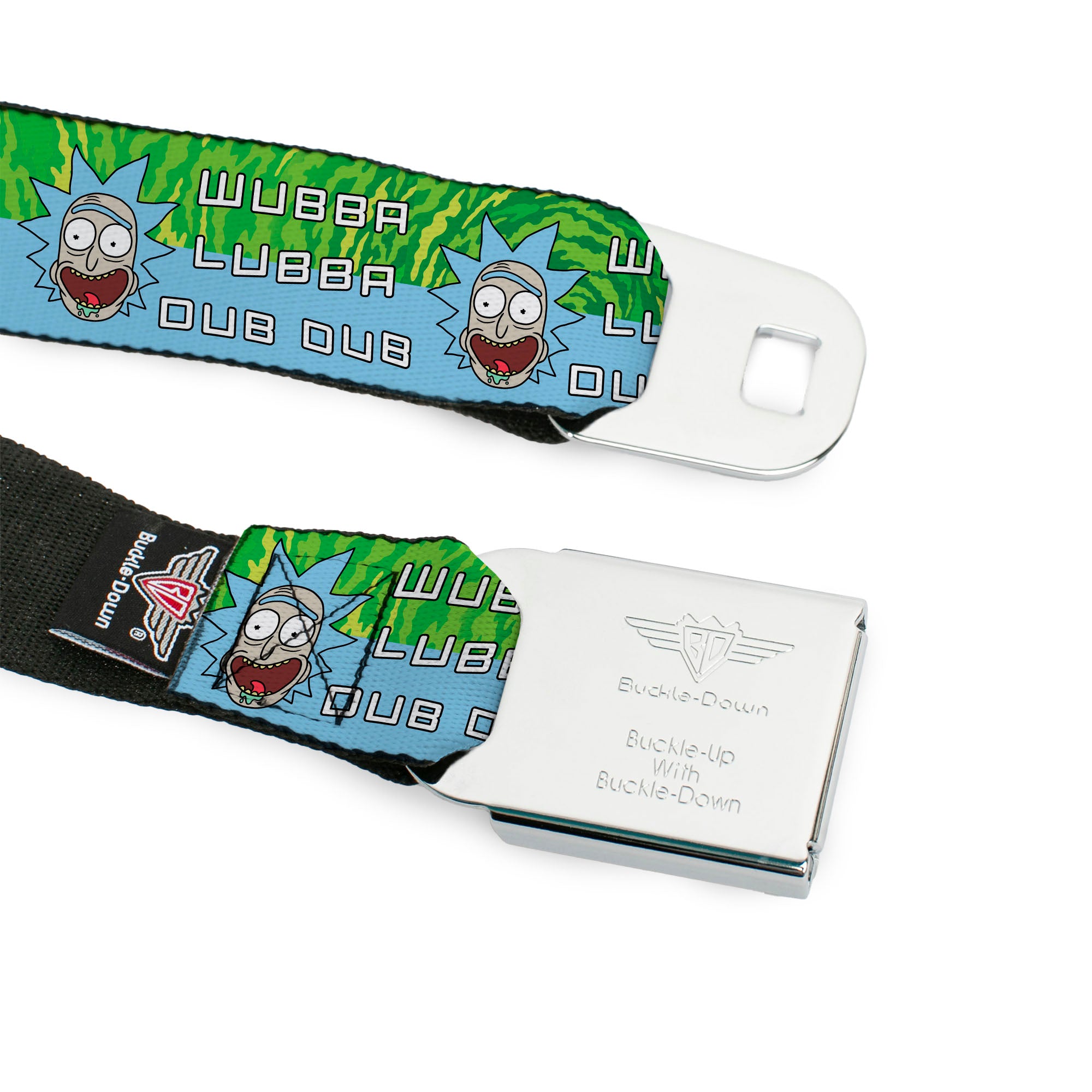RICK AND MORTY Text Logo Full Color Black/Blue Seatbelt Belt - Rick and Morty Rick WUBBA LUBBA DUB DUB Face Greens/Blue Webbing Seatbelt Belts Rick and Morty