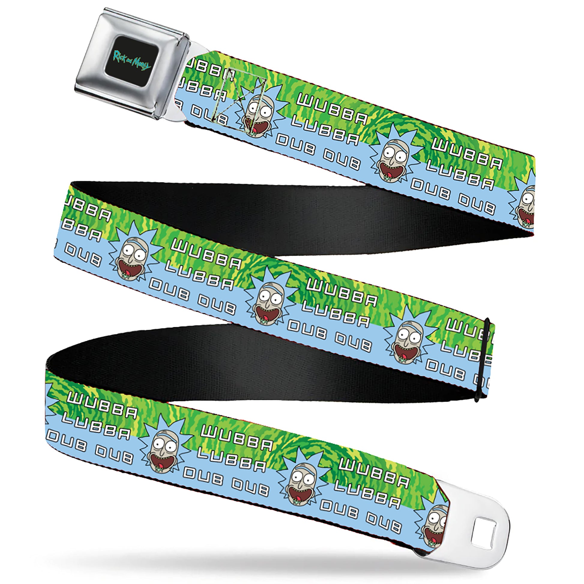 RICK AND MORTY Text Logo Full Color Black/Blue Seatbelt Belt - Rick and Morty Rick WUBBA LUBBA DUB DUB Face Greens/Blue Webbing Seatbelt Belts Rick and Morty