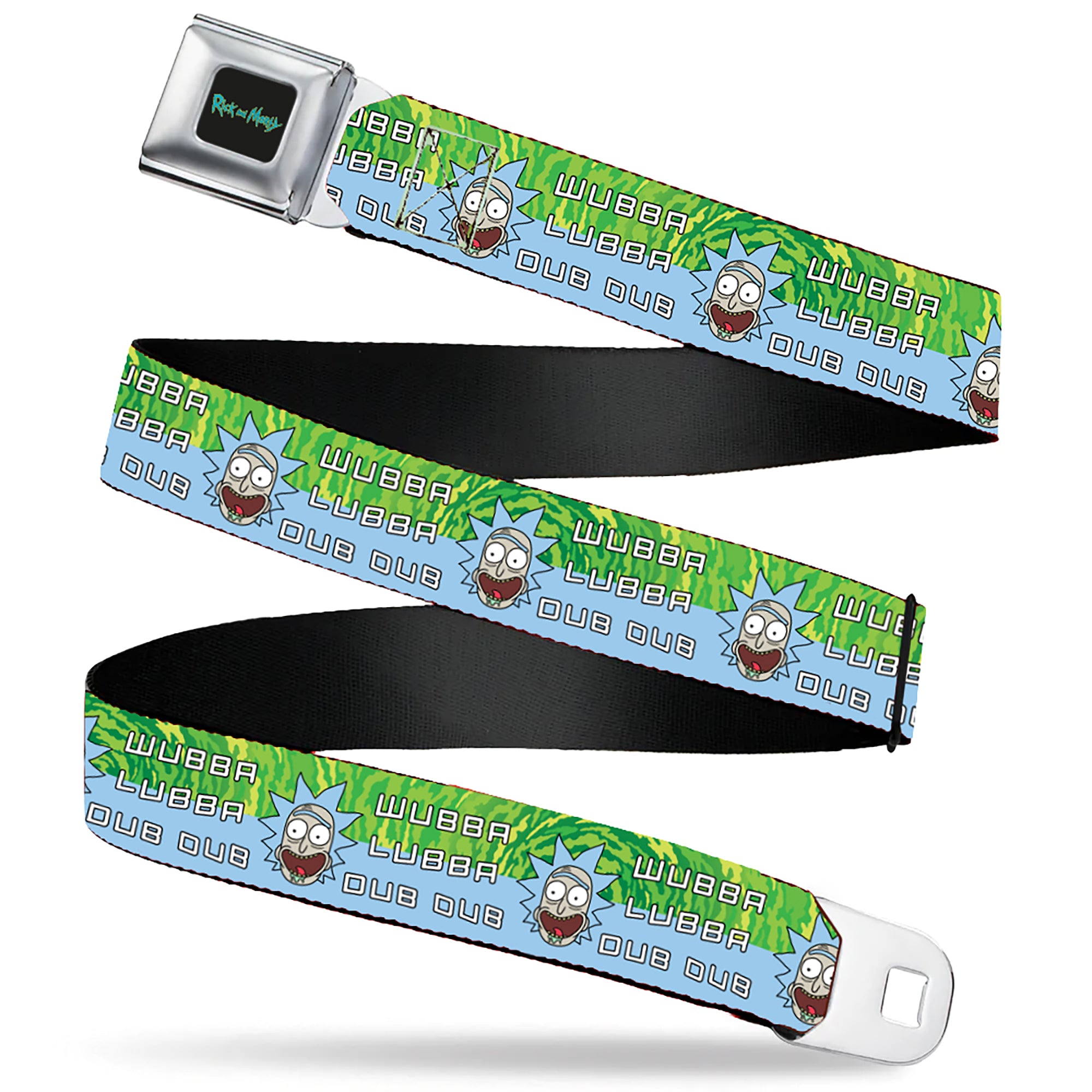 RICK AND MORTY Text Logo Full Color Black/Blue Seatbelt Belt - Rick and Morty Rick WUBBA LUBBA DUB DUB Face Greens/Blue Webbing Seatbelt Belts Rick and Morty