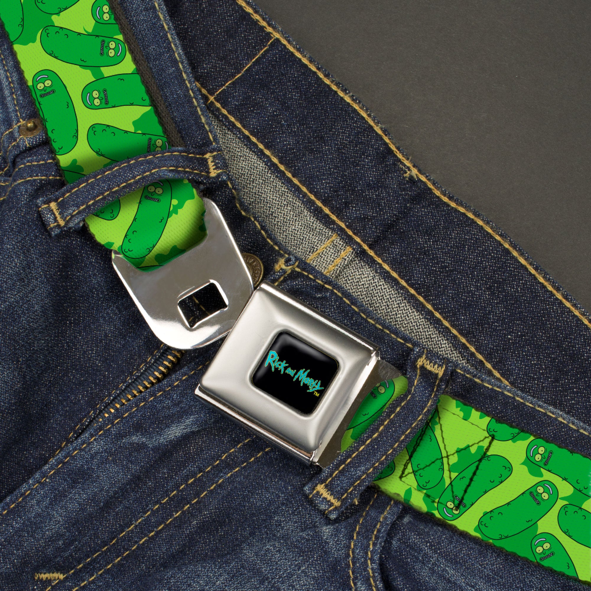 RICK AND MORTY Text Logo Full Color Black/Blue Seatbelt Belt - Rick and Morty Pickle Rick Scattered Greens Webbing Seatbelt Belts Rick and Morty