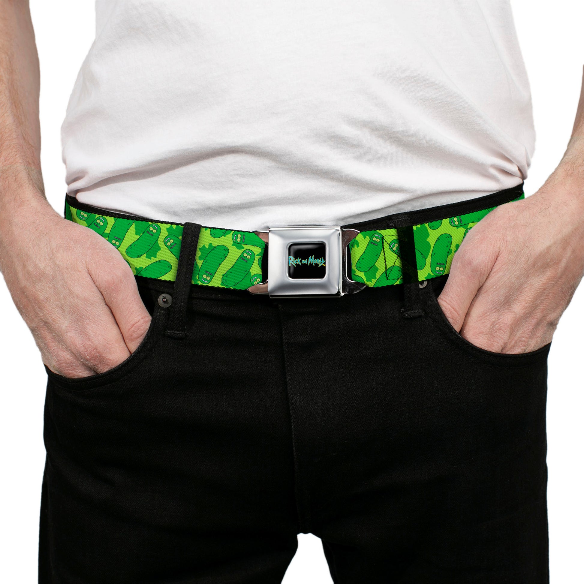 RICK AND MORTY Text Logo Full Color Black/Blue Seatbelt Belt - Rick and Morty Pickle Rick Scattered Greens Webbing Seatbelt Belts Rick and Morty