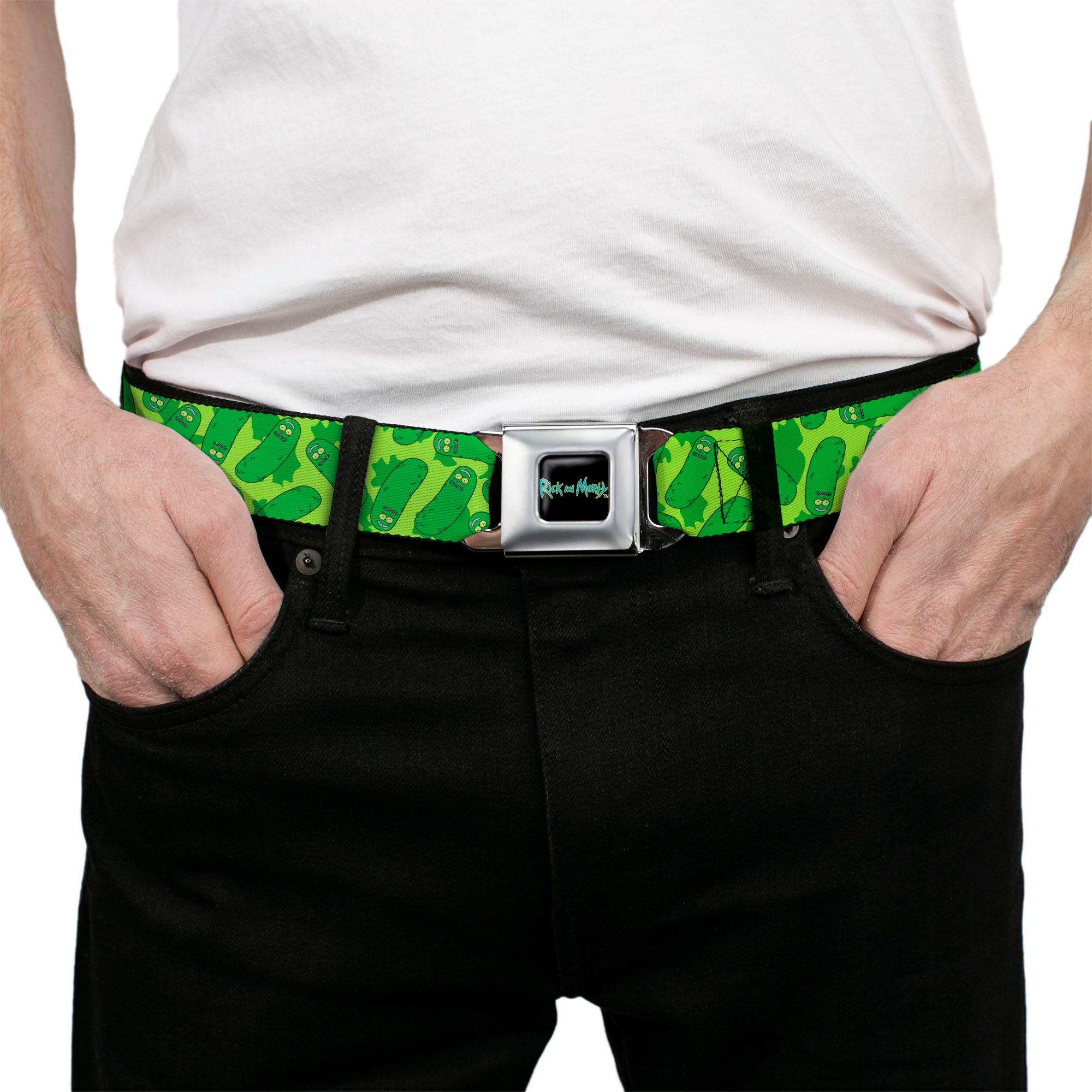 RICK AND MORTY Text Logo Full Color Black/Blue Seatbelt Belt - Rick and Morty Pickle Rick Scattered Greens Webbing Seatbelt Belts Rick and Morty