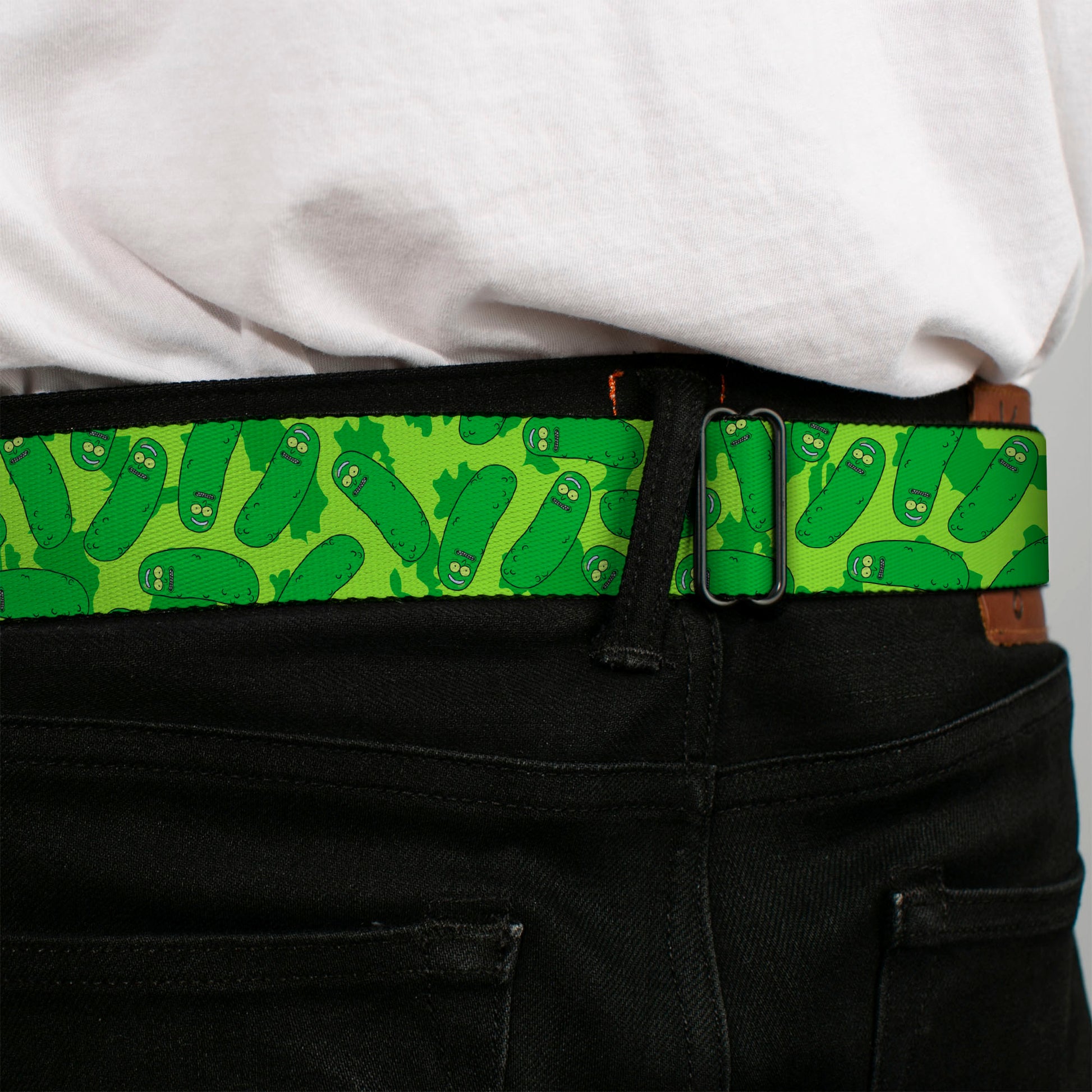 RICK AND MORTY Text Logo Full Color Black/Blue Seatbelt Belt - Rick and Morty Pickle Rick Scattered Greens Webbing Seatbelt Belts Rick and Morty