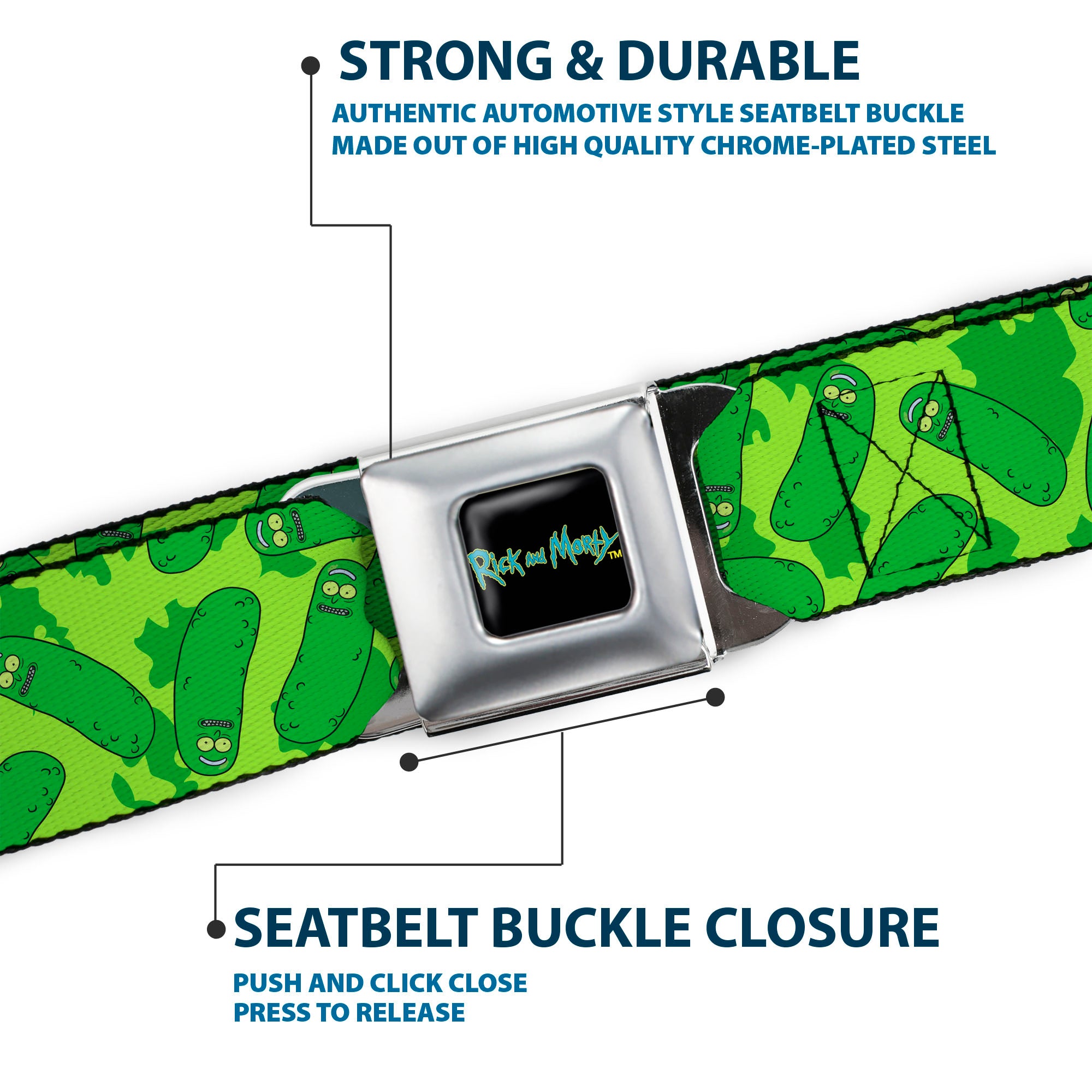 RICK AND MORTY Text Logo Full Color Black/Blue Seatbelt Belt - Rick and Morty Pickle Rick Scattered Greens Webbing Seatbelt Belts Rick and Morty