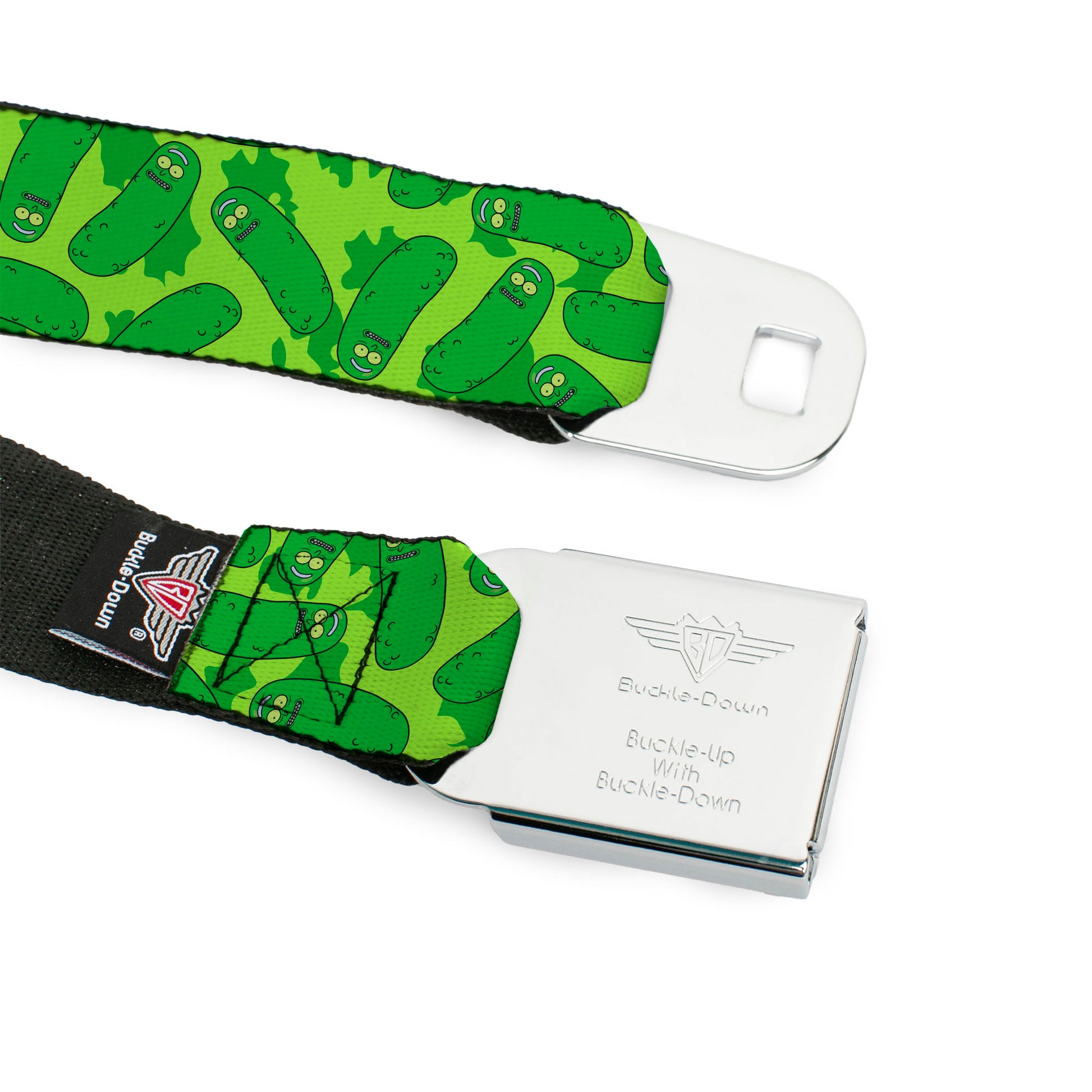 RICK AND MORTY Text Logo Full Color Black/Blue Seatbelt Belt - Rick and Morty Pickle Rick Scattered Greens Webbing Seatbelt Belts Rick and Morty