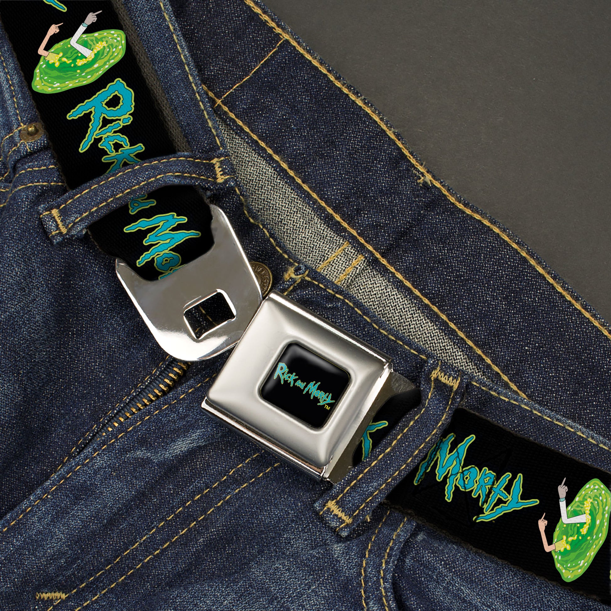 RICK AND MORTY Text Logo Full Color Black/Blue Seatbelt Belt - RICK AND MORTY Title Logo and Middle Finger Portal Jump Black Webbing Seatbelt Belts Rick and Morty