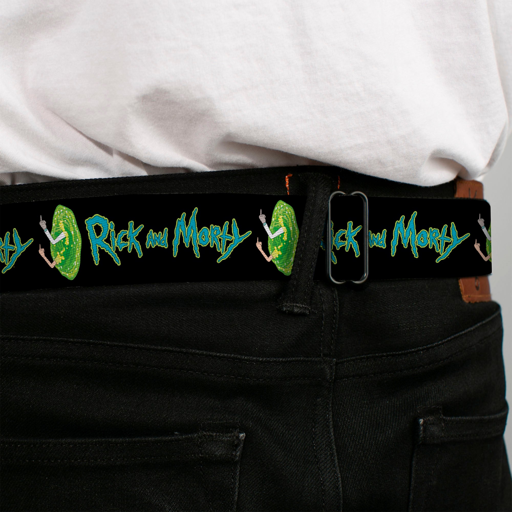 RICK AND MORTY Text Logo Full Color Black/Blue Seatbelt Belt - RICK AND MORTY Title Logo and Middle Finger Portal Jump Black Webbing Seatbelt Belts Rick and Morty