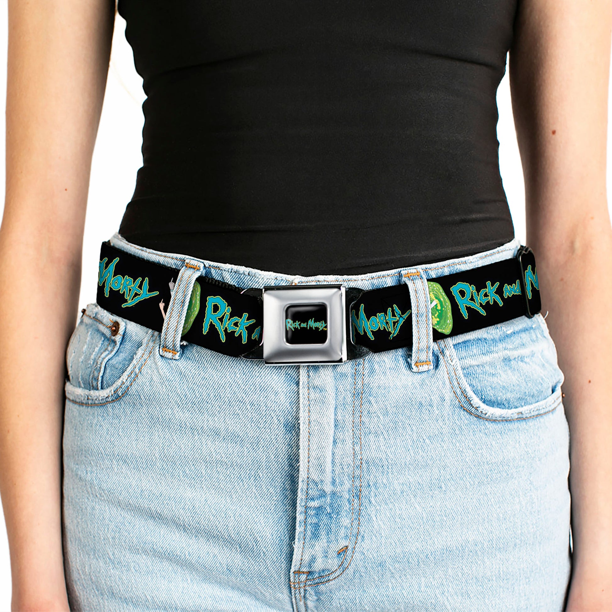 RICK AND MORTY Text Logo Full Color Black/Blue Seatbelt Belt - RICK AND MORTY Title Logo and Middle Finger Portal Jump Black Webbing Seatbelt Belts Rick and Morty