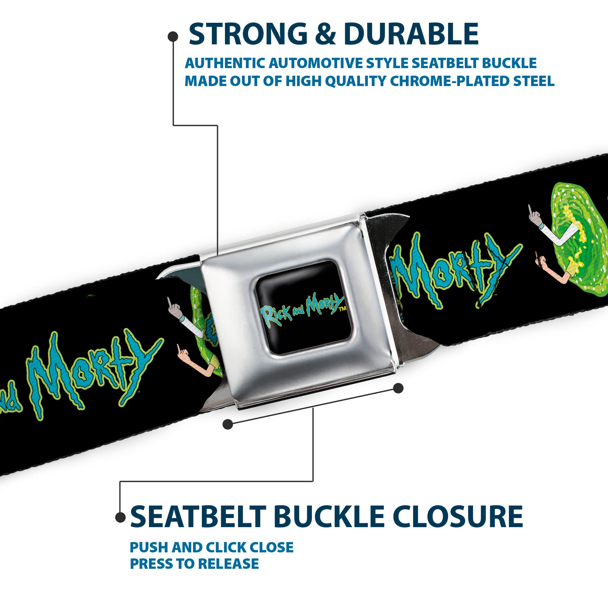 RICK AND MORTY Text Logo Full Color Black/Blue Seatbelt Belt - RICK AND MORTY Title Logo and Middle Finger Portal Jump Black Webbing Seatbelt Belts Rick and Morty