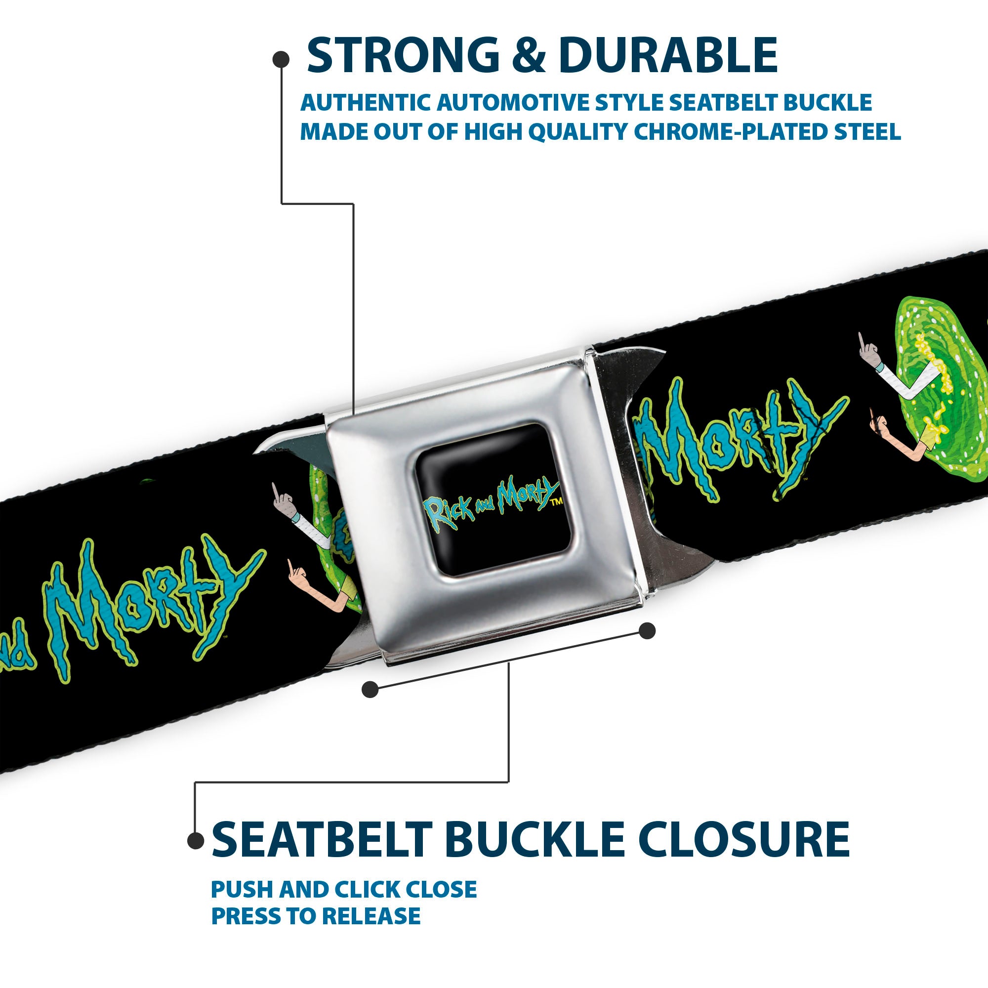 RICK AND MORTY Text Logo Full Color Black/Blue Seatbelt Belt - RICK AND MORTY Title Logo and Middle Finger Portal Jump Black Webbing Seatbelt Belts Rick and Morty