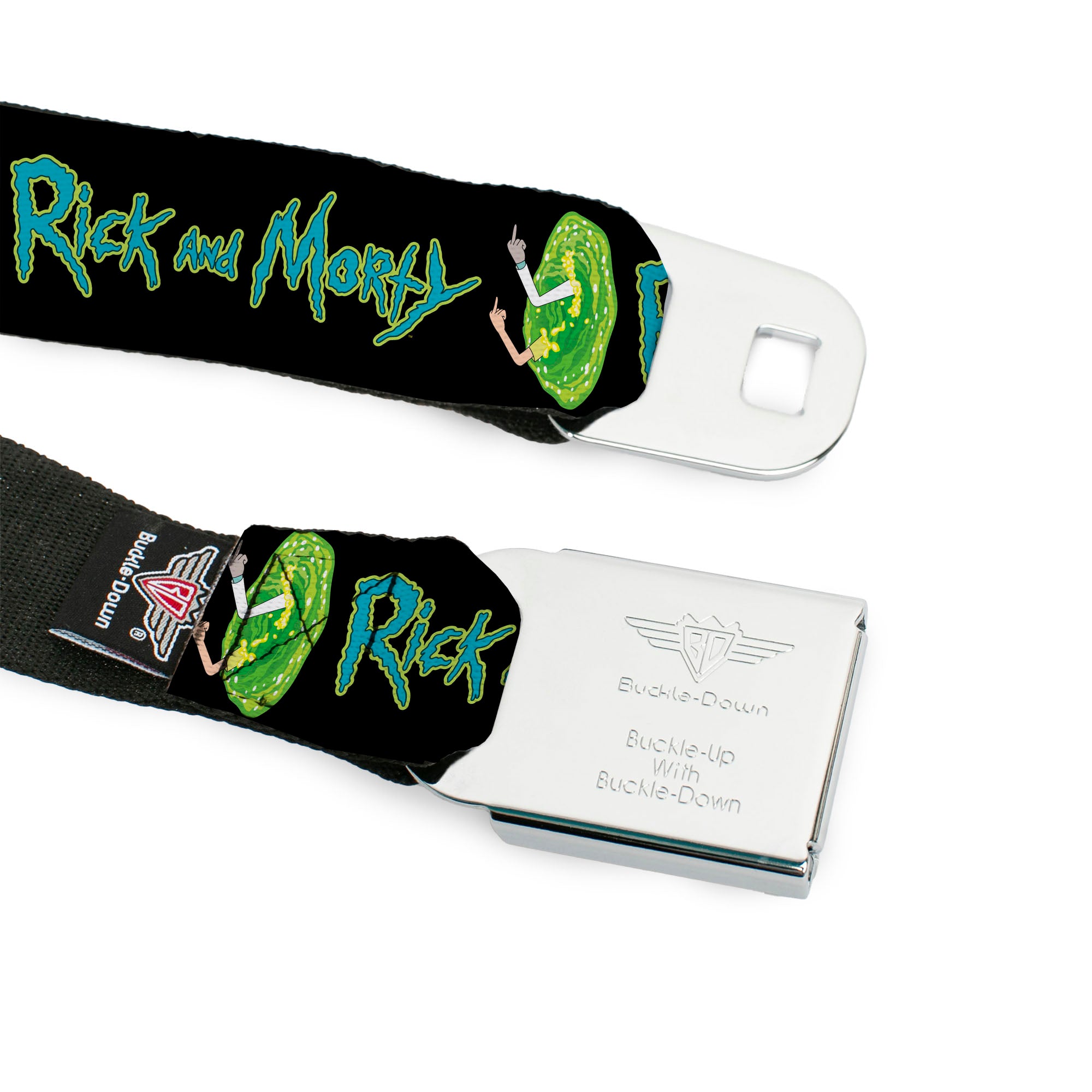 RICK AND MORTY Text Logo Full Color Black/Blue Seatbelt Belt - RICK AND MORTY Title Logo and Middle Finger Portal Jump Black Webbing Seatbelt Belts Rick and Morty