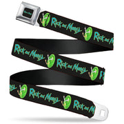 RICK AND MORTY Text Logo Full Color Black/Blue Seatbelt Belt - RICK AND MORTY Title Logo and Middle Finger Portal Jump Black Webbing Seatbelt Belts Rick and Morty