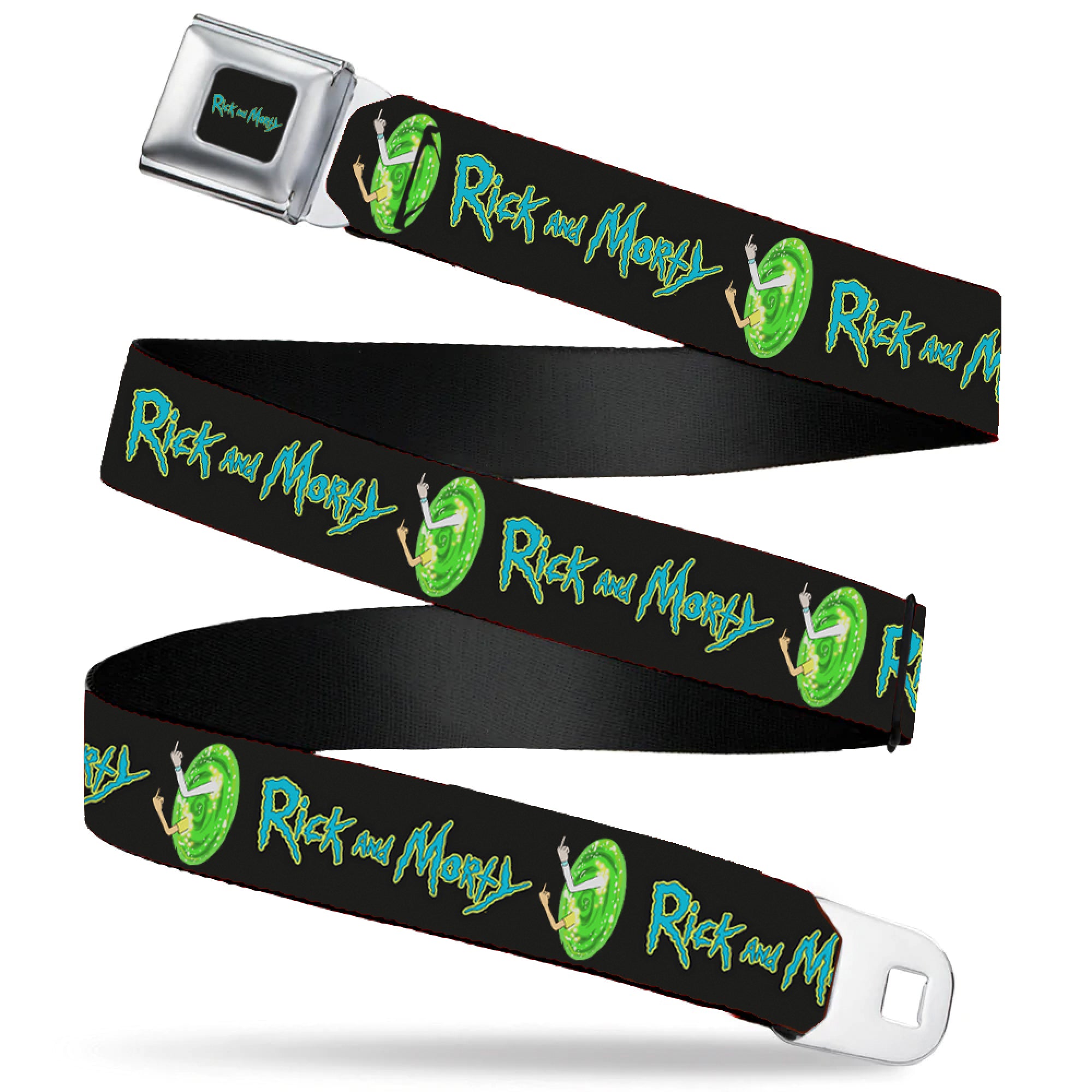 RICK AND MORTY Text Logo Full Color Black/Blue Seatbelt Belt - RICK AND MORTY Title Logo and Middle Finger Portal Jump Black Webbing Seatbelt Belts Rick and Morty