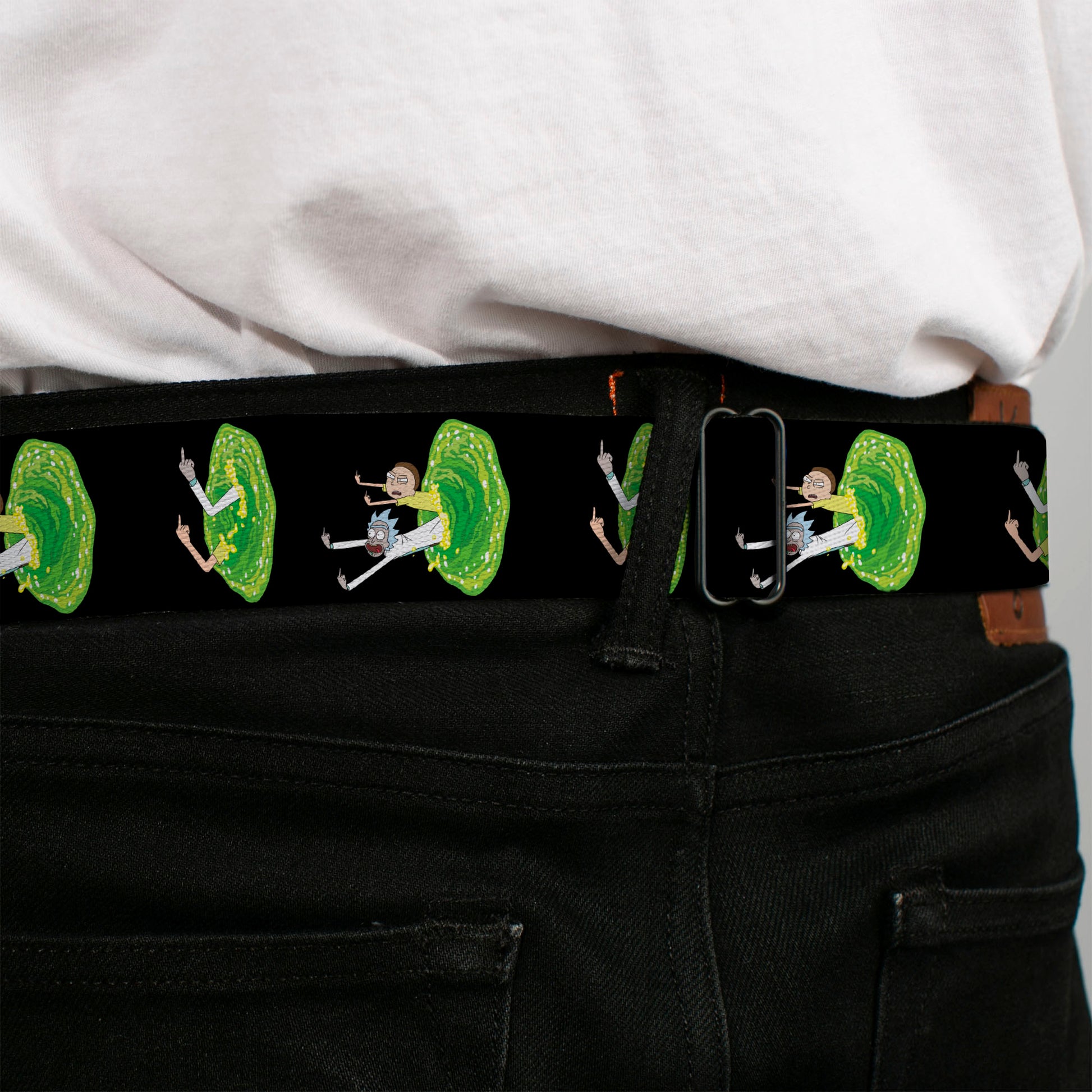 RICK AND MORTY Text Logo Full Color Black/Blue Seatbelt Belt - Rick and Morty Middle Finger Portal Jump Poses Black Webbing Seatbelt Belts Rick and Morty