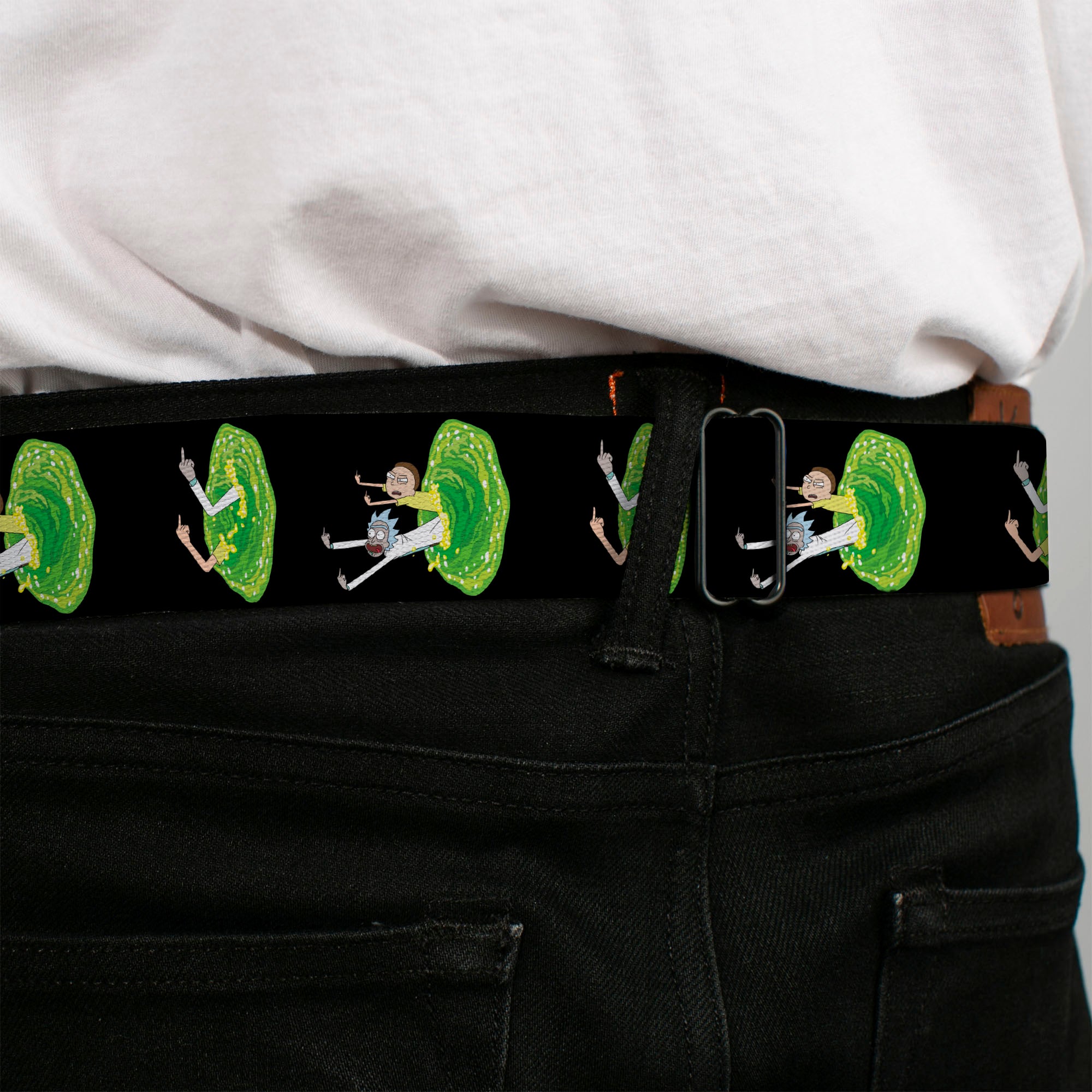 RICK AND MORTY Text Logo Full Color Black/Blue Seatbelt Belt - Rick and Morty Middle Finger Portal Jump Poses Black Webbing Seatbelt Belts Rick and Morty
