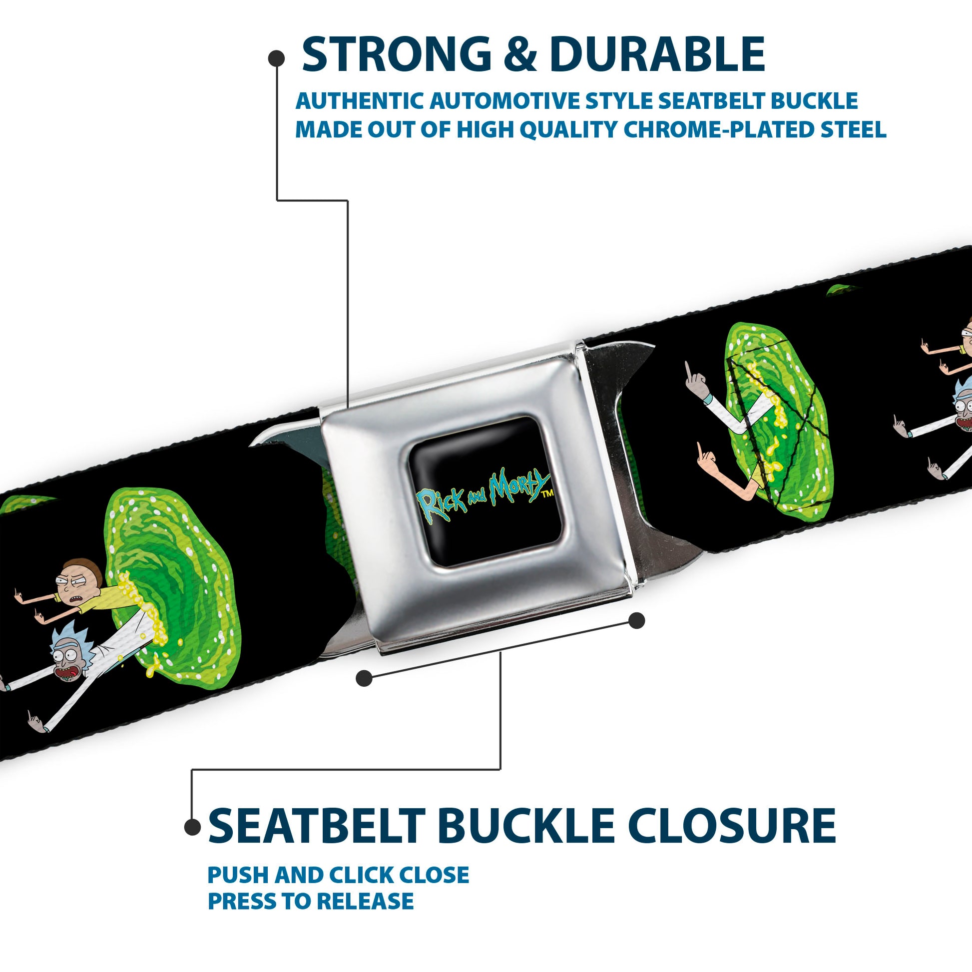 RICK AND MORTY Text Logo Full Color Black/Blue Seatbelt Belt - Rick and Morty Middle Finger Portal Jump Poses Black Webbing Seatbelt Belts Rick and Morty
