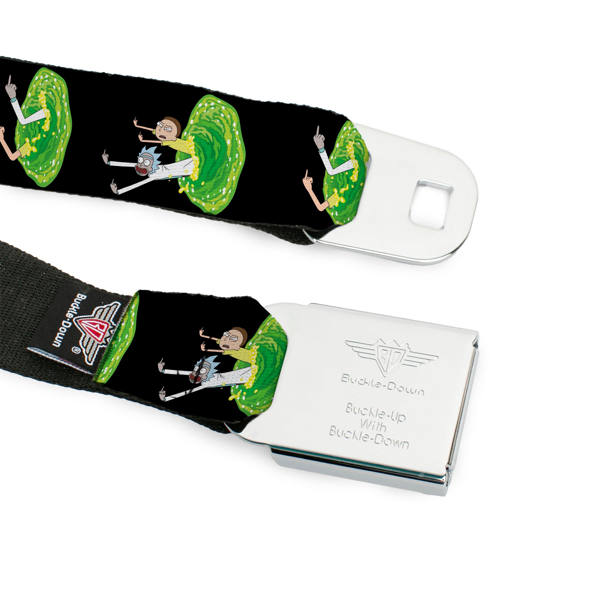 RICK AND MORTY Text Logo Full Color Black/Blue Seatbelt Belt - Rick and Morty Middle Finger Portal Jump Poses Black Webbing Seatbelt Belts Rick and Morty