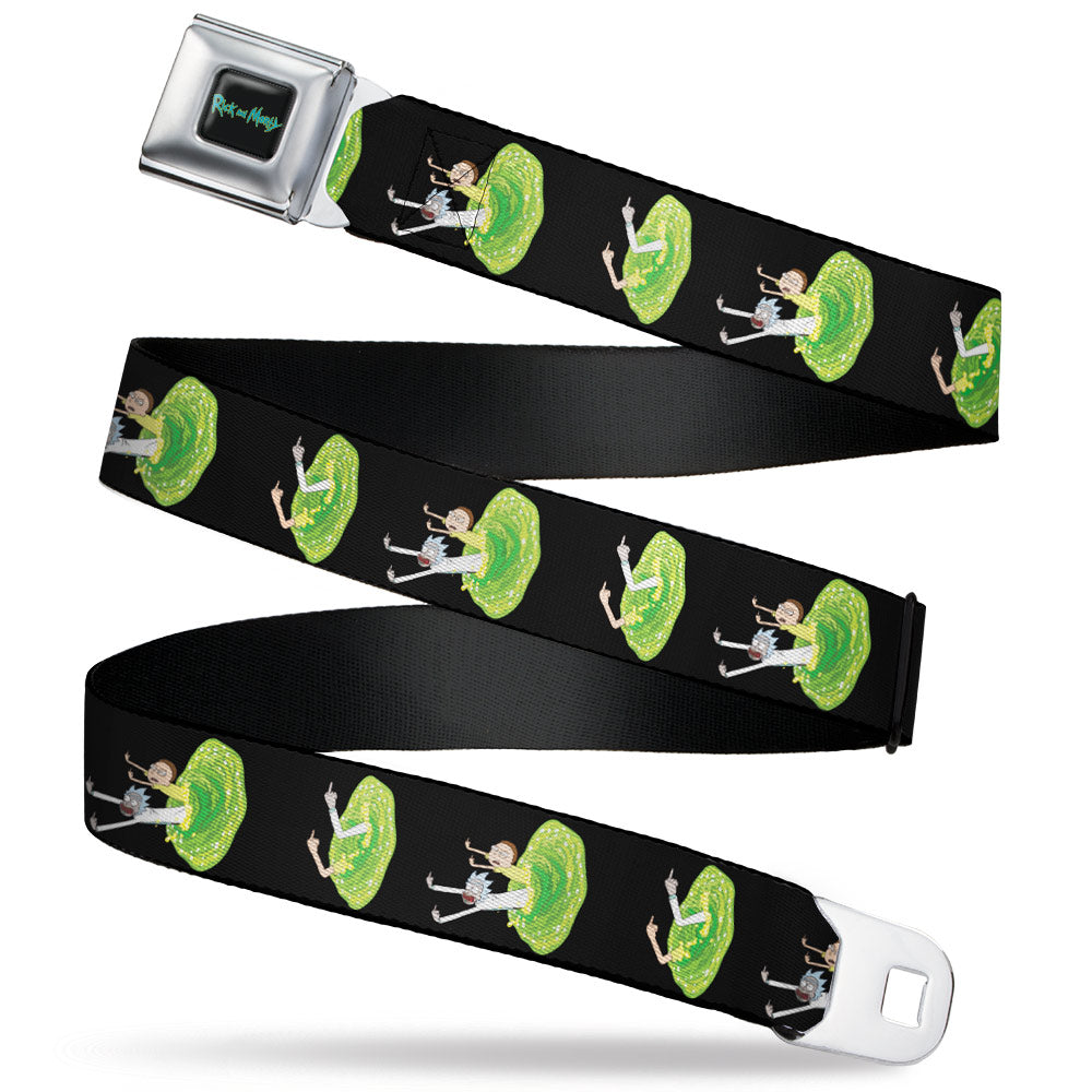 RICK AND MORTY Text Logo Full Color Black/Blue Seatbelt Belt - Rick and Morty Middle Finger Portal Jump Poses Black Webbing Seatbelt Belts Rick and Morty