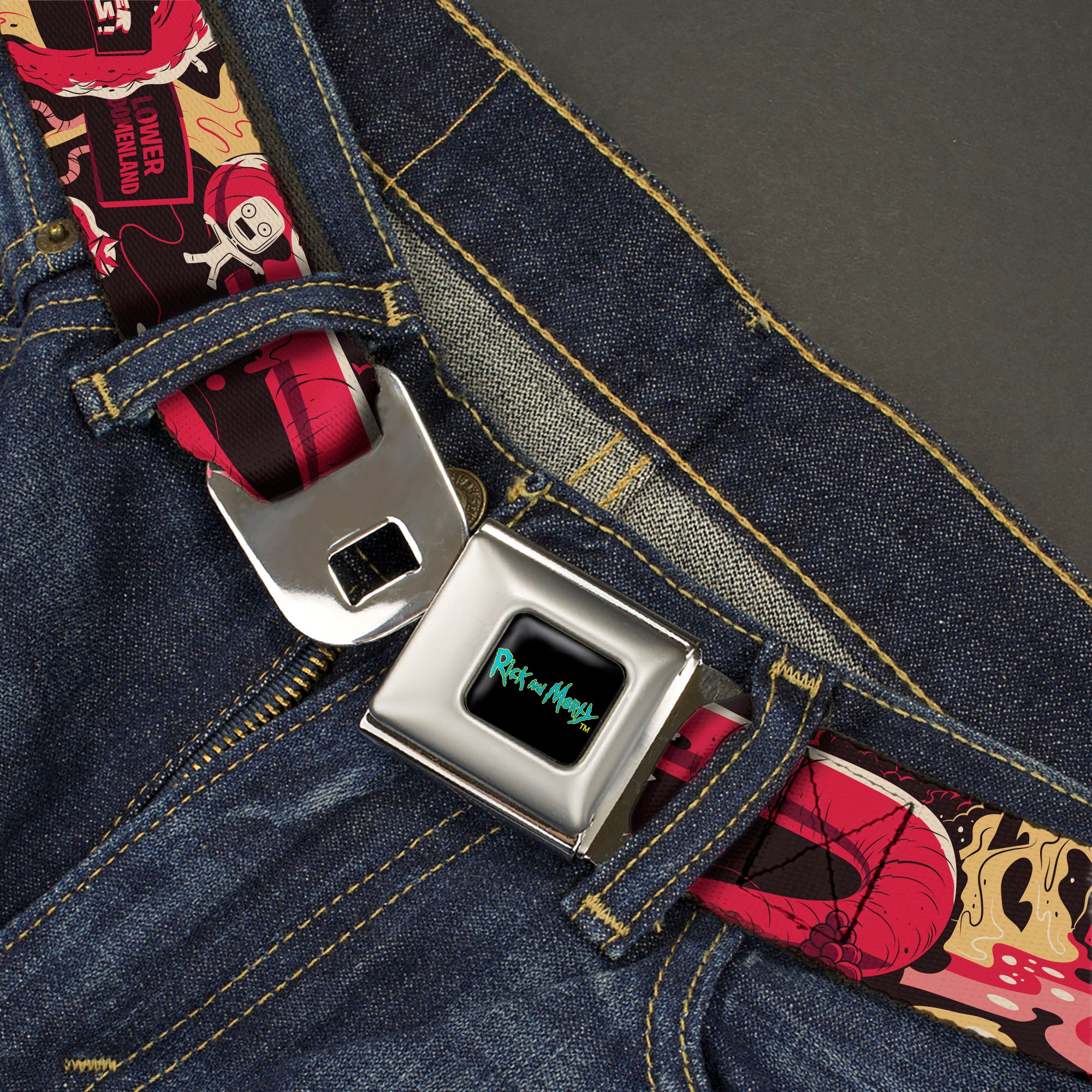 RICK AND MORTY Text Logo Full Color Black/Blue Seatbelt Belt - Rick and Morty Anatomy Park Collage Reds/Black Webbing Seatbelt Belts Rick and Morty