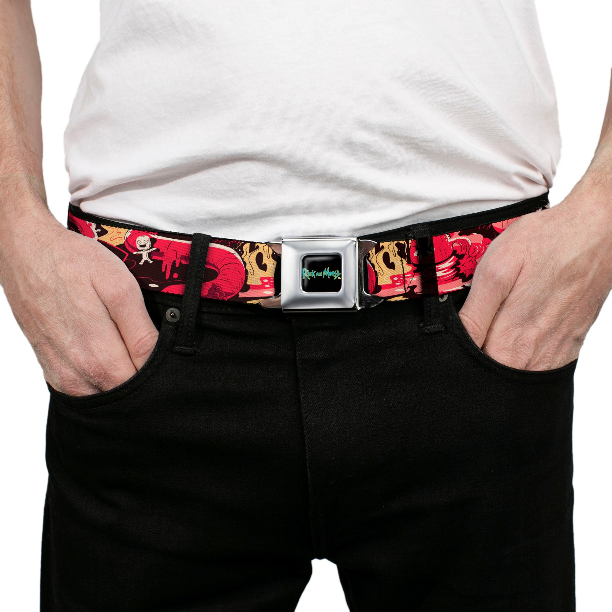 RICK AND MORTY Text Logo Full Color Black/Blue Seatbelt Belt - Rick and Morty Anatomy Park Collage Reds/Black Webbing Seatbelt Belts Rick and Morty