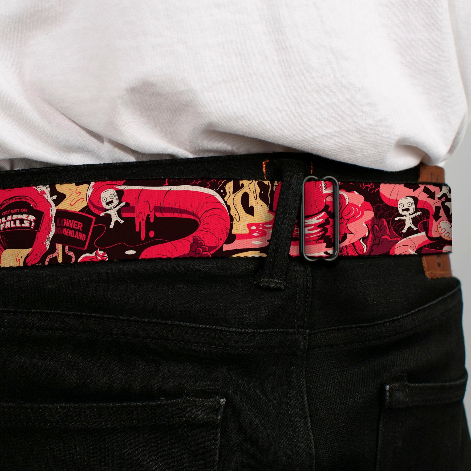 RICK AND MORTY Text Logo Full Color Black/Blue Seatbelt Belt - Rick and Morty Anatomy Park Collage Reds/Black Webbing Seatbelt Belts Rick and Morty