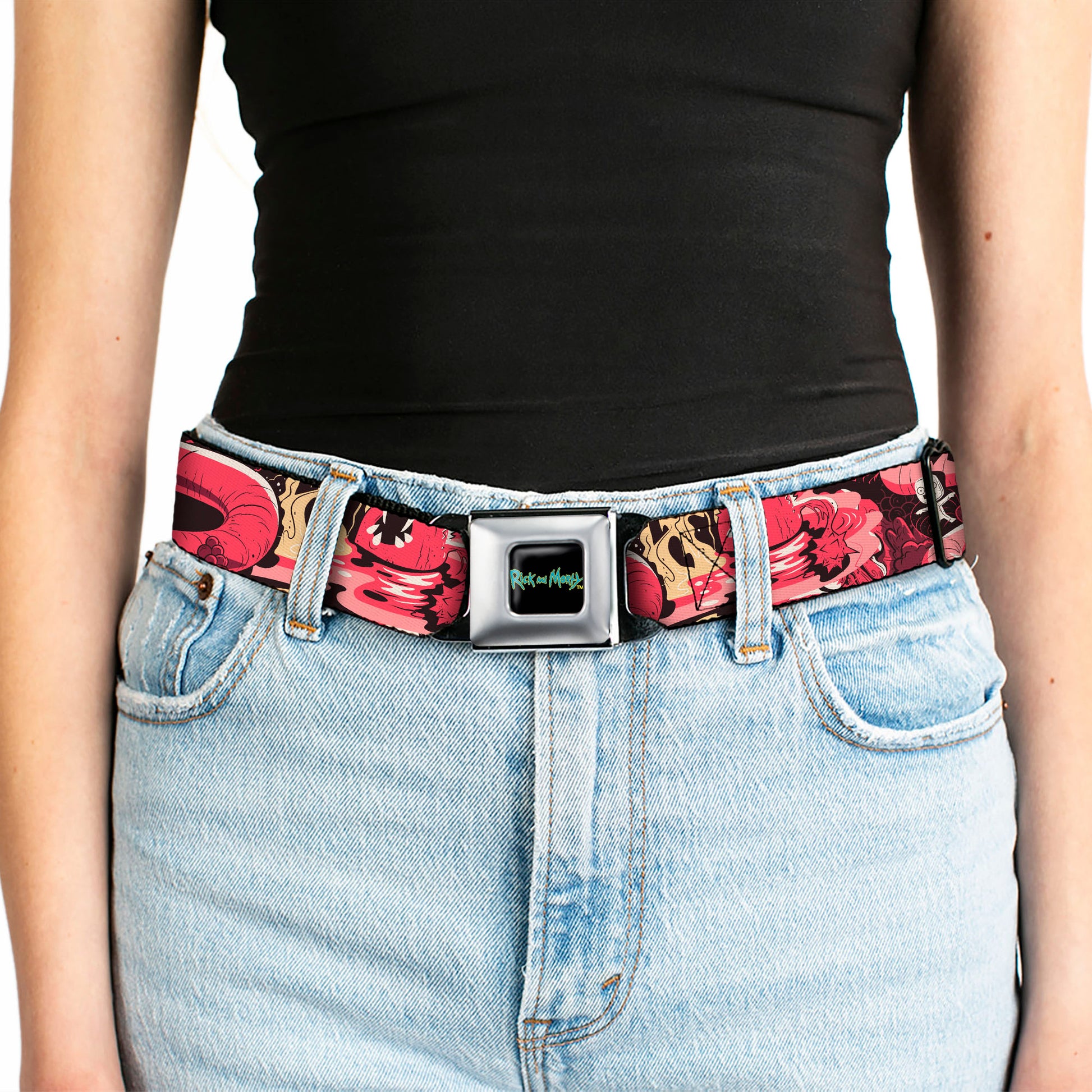 RICK AND MORTY Text Logo Full Color Black/Blue Seatbelt Belt - Rick and Morty Anatomy Park Collage Reds/Black Webbing Seatbelt Belts Rick and Morty
