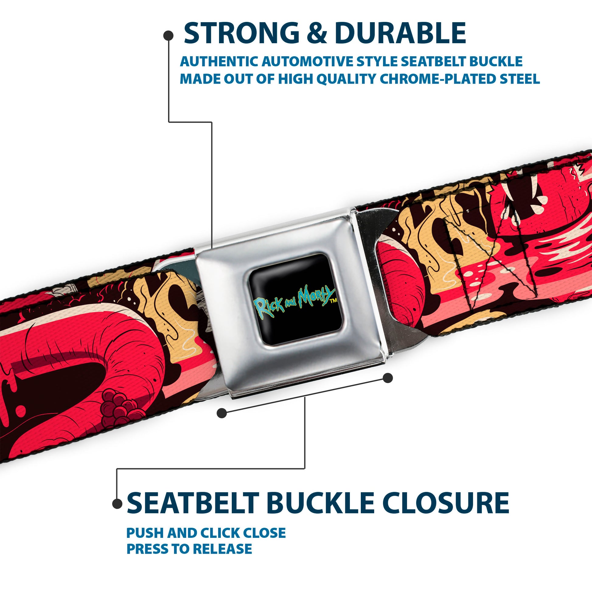 RICK AND MORTY Text Logo Full Color Black/Blue Seatbelt Belt - Rick and Morty Anatomy Park Collage Reds/Black Webbing Seatbelt Belts Rick and Morty