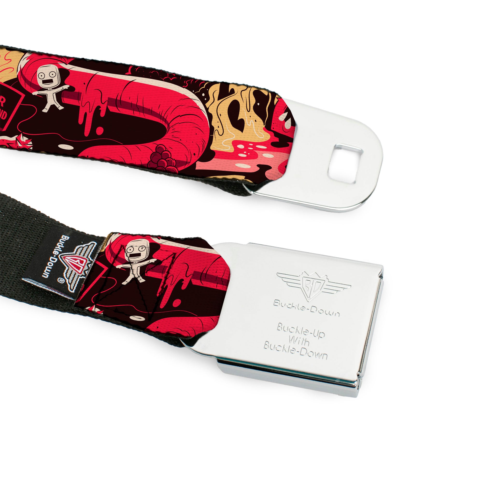 RICK AND MORTY Text Logo Full Color Black/Blue Seatbelt Belt - Rick and Morty Anatomy Park Collage Reds/Black Webbing Seatbelt Belts Rick and Morty