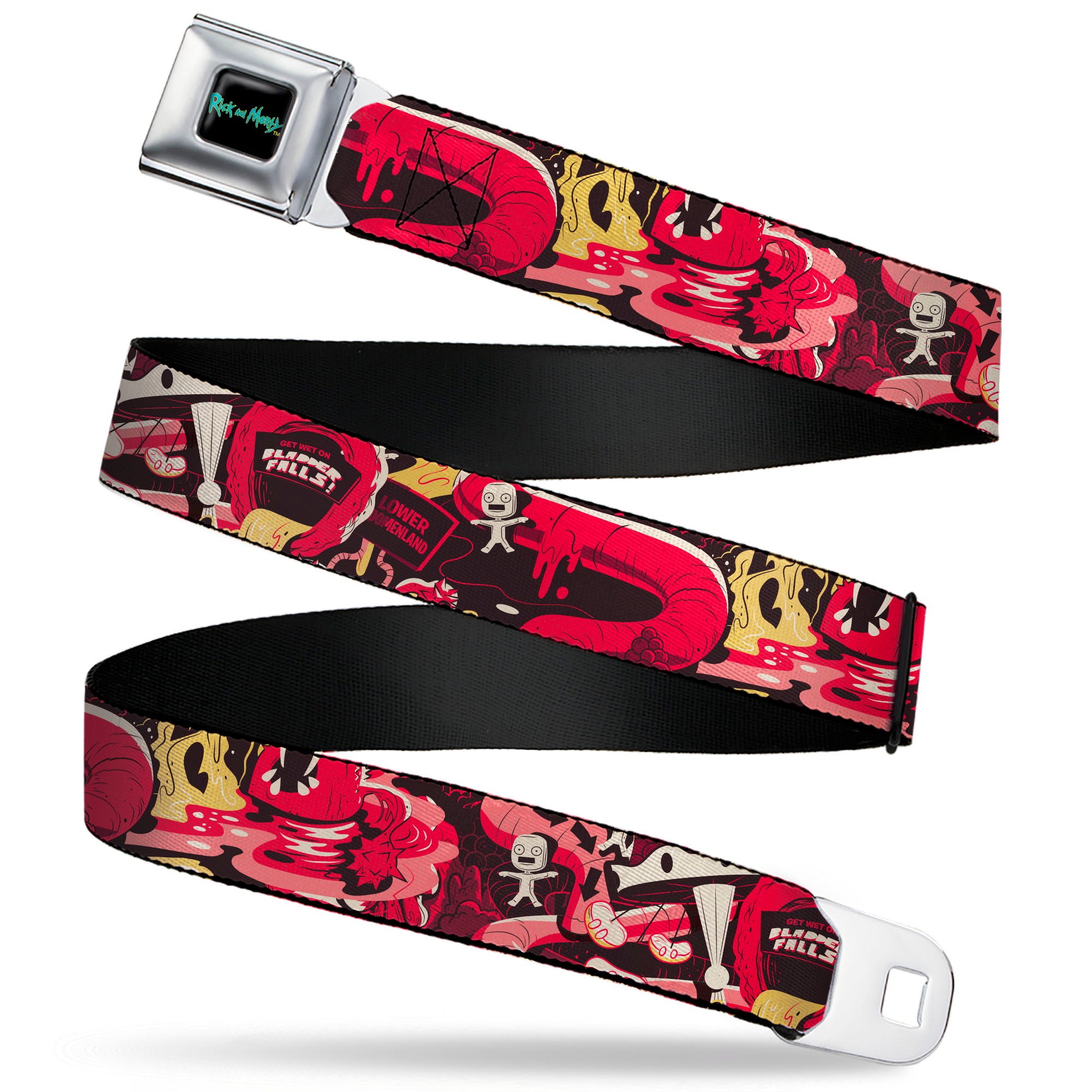 RICK AND MORTY Text Logo Full Color Black/Blue Seatbelt Belt - Rick and Morty Anatomy Park Collage Reds/Black Webbing Seatbelt Belts Rick and Morty