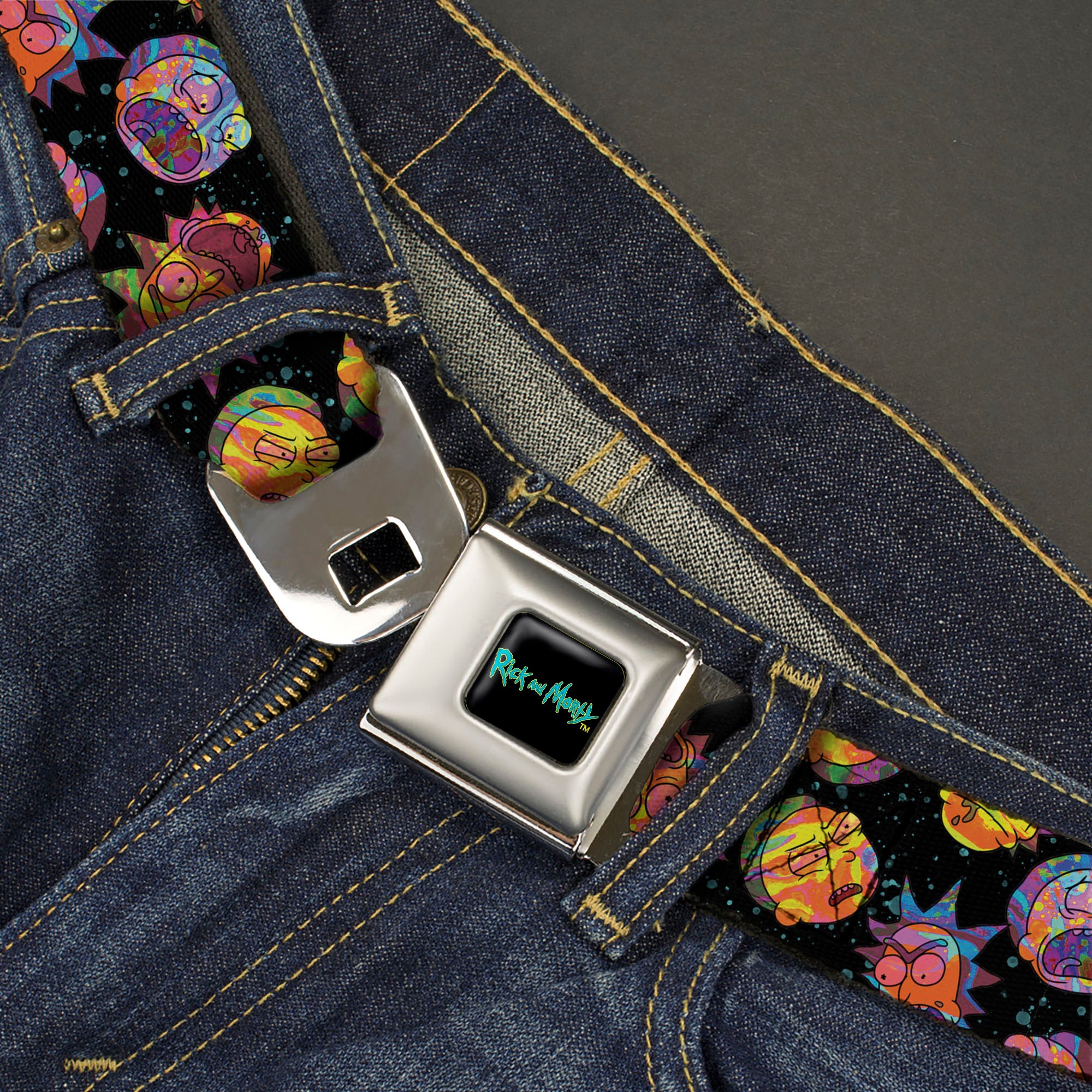 RICK AND MORTY Text Logo Full Color Black/Blue Seatbelt Belt - Rick and Morty Vaporwave Expressions Scattered Black/Multi Color Webbing Seatbelt Belts Rick and Morty