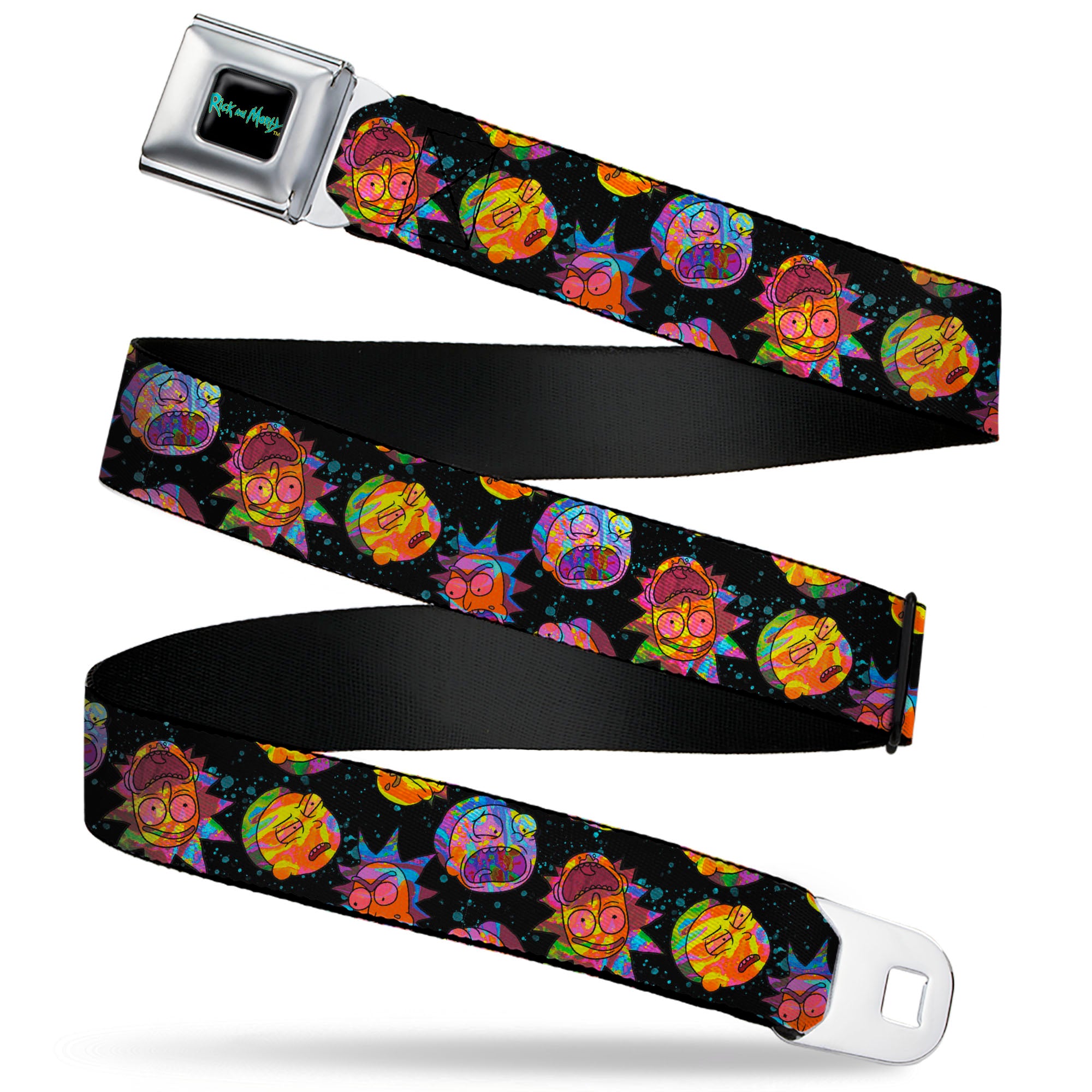 RICK AND MORTY Text Logo Full Color Black/Blue Seatbelt Belt - Rick and Morty Vaporwave Expressions Scattered Black/Multi Color Webbing Seatbelt Belts Rick and Morty