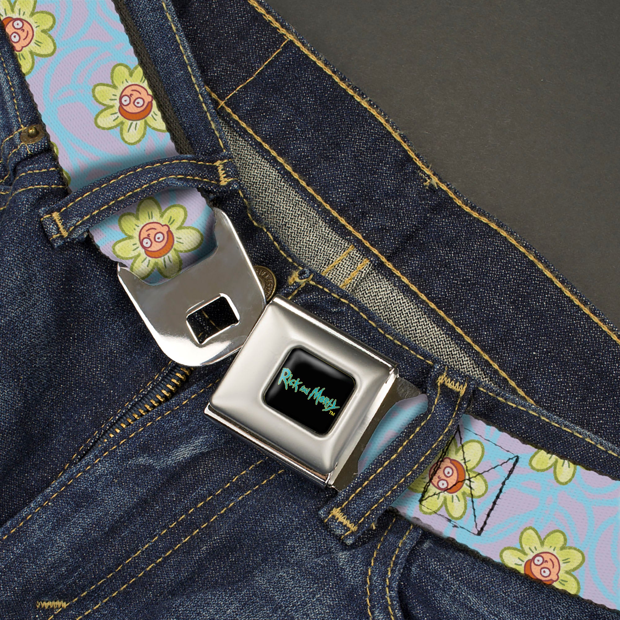 RICK AND MORTY Text Logo Full Color Black/Blue Seatbelt Belt - Rick & Morty Morty Face Flowers Scattered Doodle Blue/Lavender Webbing Seatbelt Belts Rick and Morty