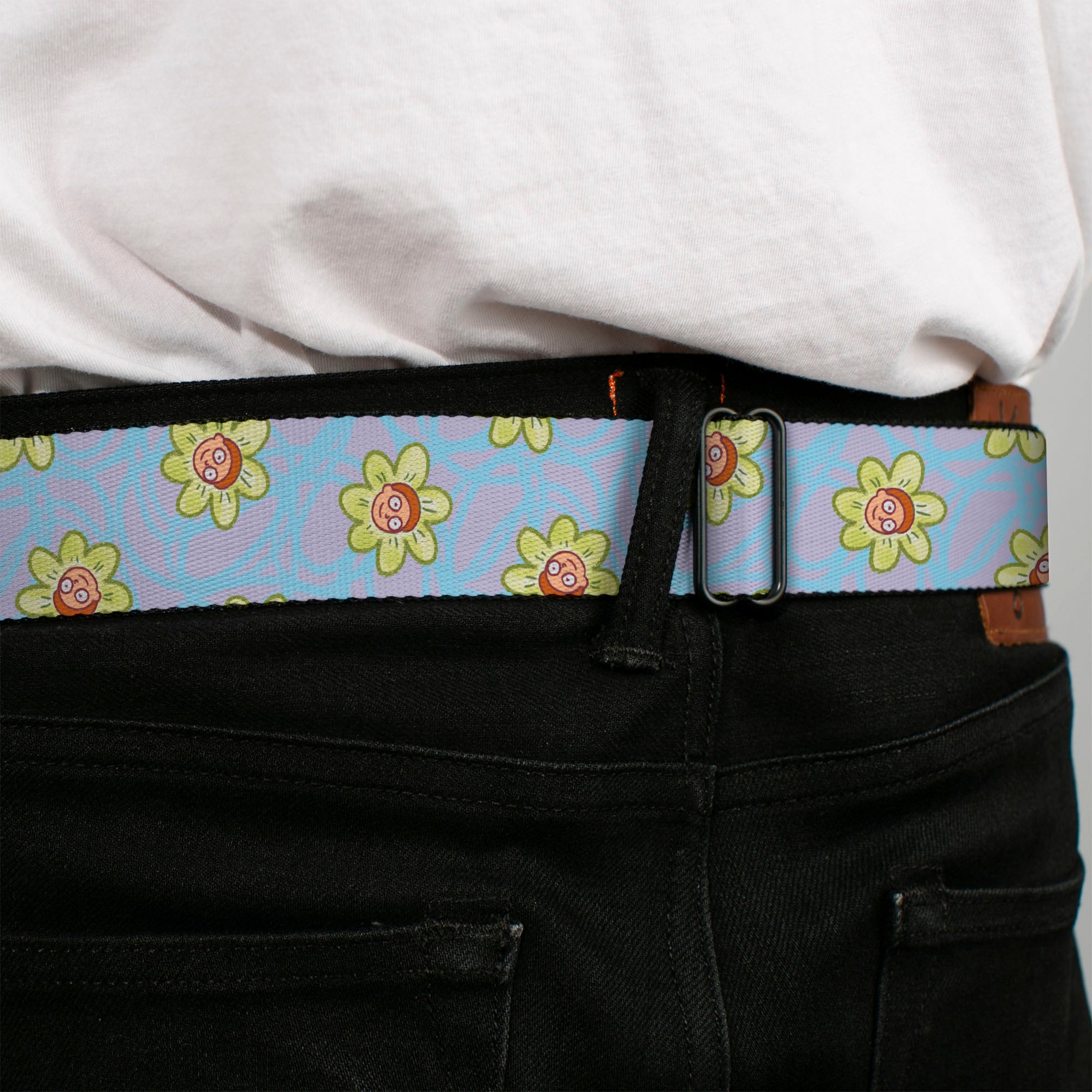 RICK AND MORTY Text Logo Full Color Black/Blue Seatbelt Belt - Rick & Morty Morty Face Flowers Scattered Doodle Blue/Lavender Webbing Seatbelt Belts Rick and Morty