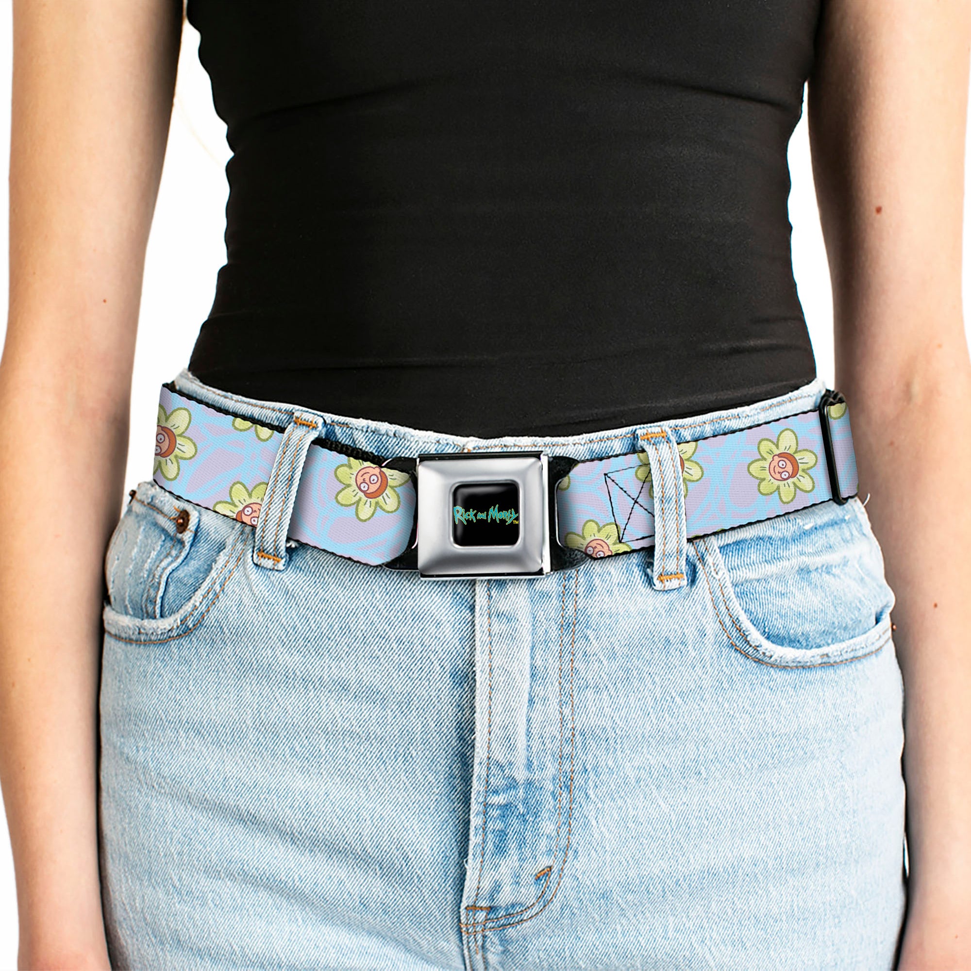 RICK AND MORTY Text Logo Full Color Black/Blue Seatbelt Belt - Rick & Morty Morty Face Flowers Scattered Doodle Blue/Lavender Webbing Seatbelt Belts Rick and Morty