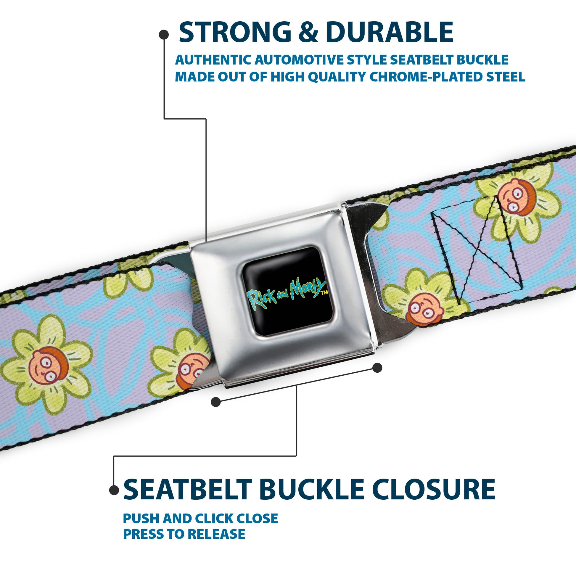 RICK AND MORTY Text Logo Full Color Black/Blue Seatbelt Belt - Rick & Morty Morty Face Flowers Scattered Doodle Blue/Lavender Webbing Seatbelt Belts Rick and Morty