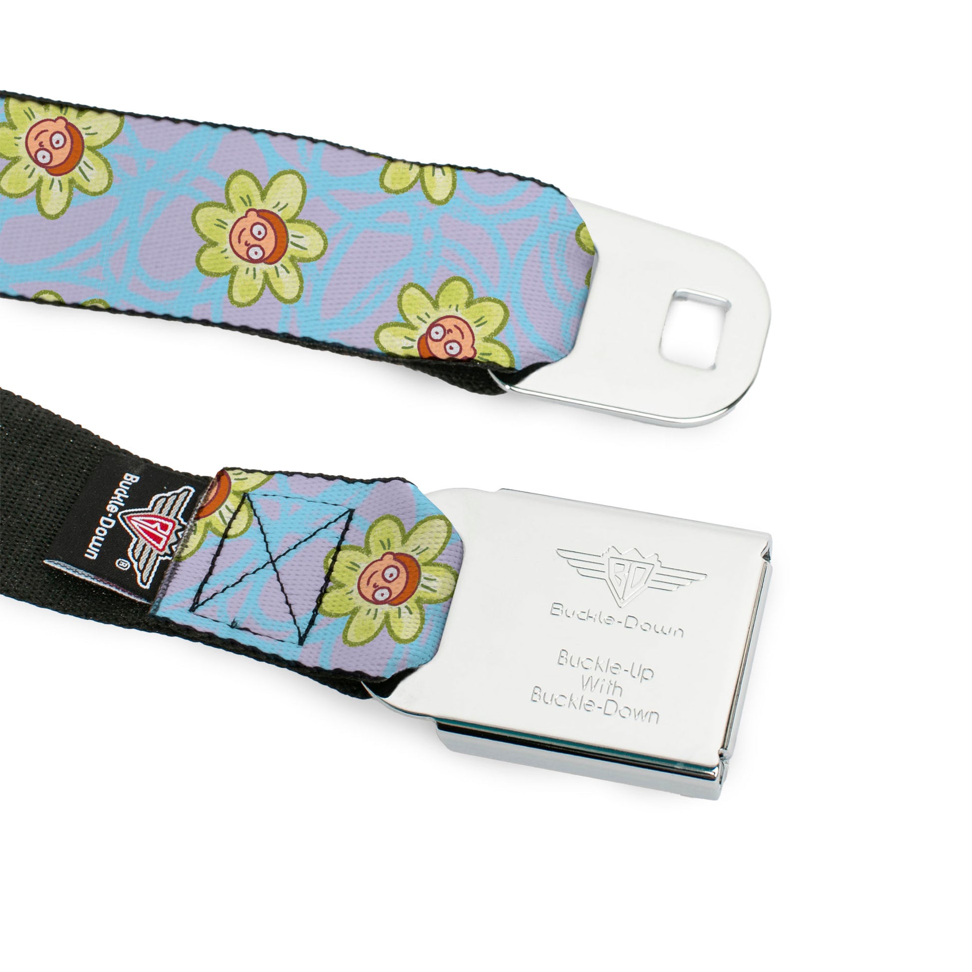 RICK AND MORTY Text Logo Full Color Black/Blue Seatbelt Belt - Rick & Morty Morty Face Flowers Scattered Doodle Blue/Lavender Webbing Seatbelt Belts Rick and Morty