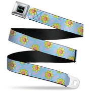 RICK AND MORTY Text Logo Full Color Black/Blue Seatbelt Belt - Rick & Morty Morty Face Flowers Scattered Doodle Blue/Lavender Webbing Seatbelt Belts Rick and Morty