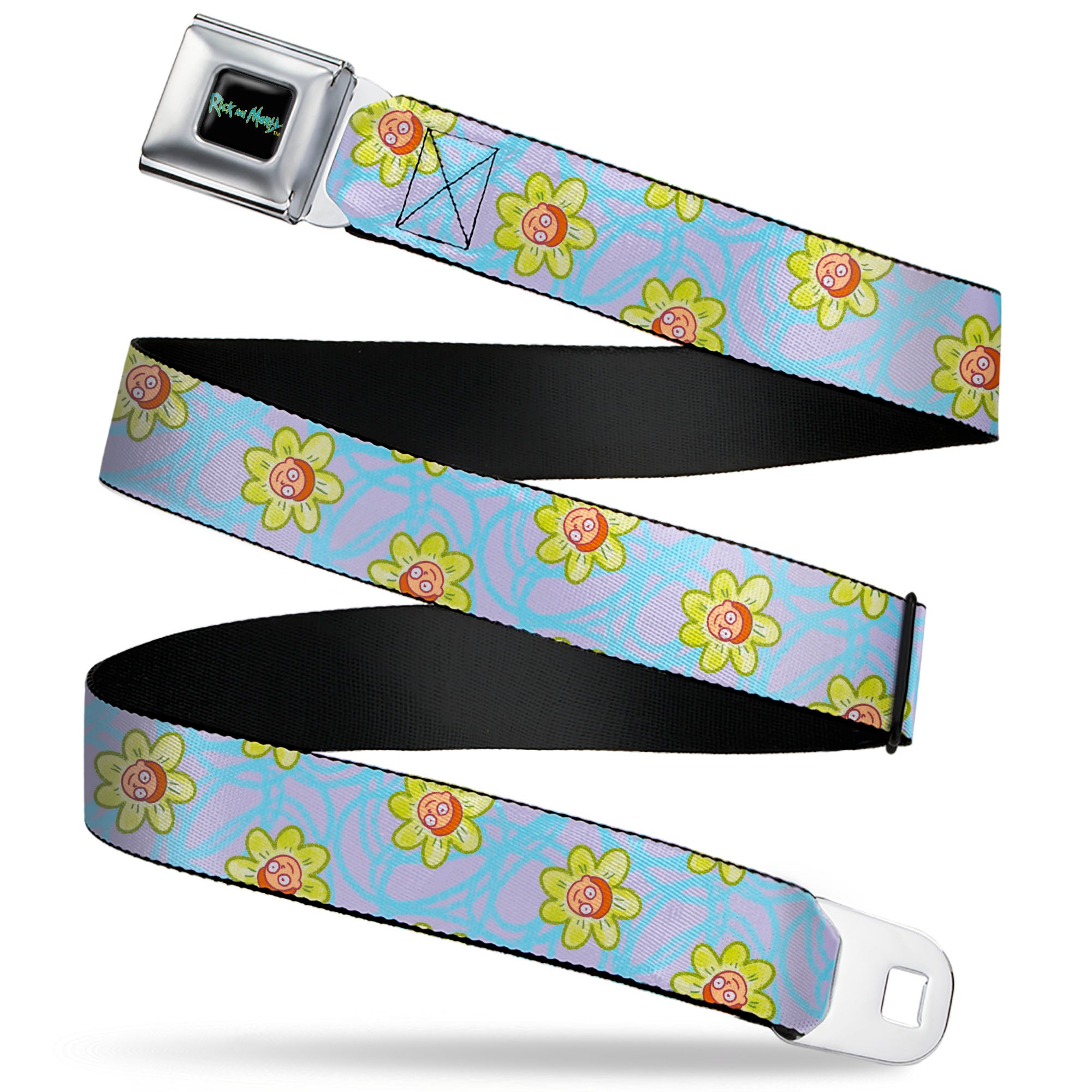 RICK AND MORTY Text Logo Full Color Black/Blue Seatbelt Belt - Rick & Morty Morty Face Flowers Scattered Doodle Blue/Lavender Webbing Seatbelt Belts Rick and Morty