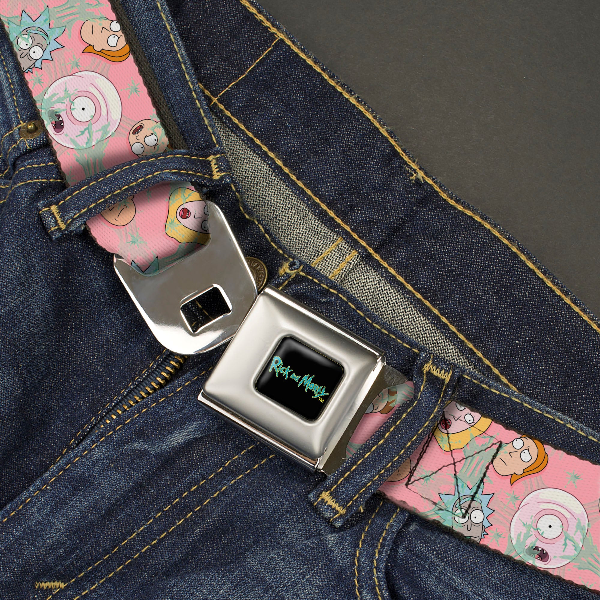 RICK AND MORTY Text Logo Full Color Black/Blue Seatbelt Belt - Rick & Morty Smith Family and Sticky Faces Scattered Pink Webbing Seatbelt Belts Rick and Morty