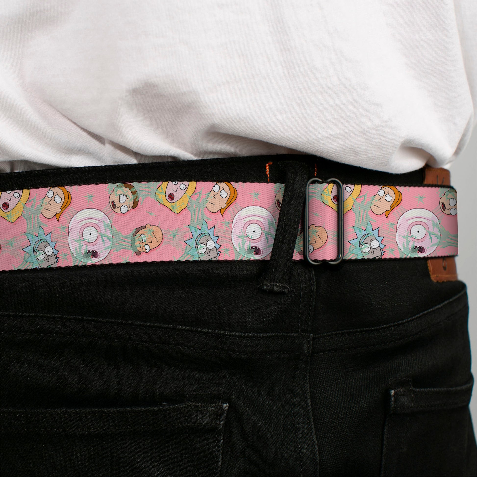 RICK AND MORTY Text Logo Full Color Black/Blue Seatbelt Belt - Rick & Morty Smith Family and Sticky Faces Scattered Pink Webbing Seatbelt Belts Rick and Morty