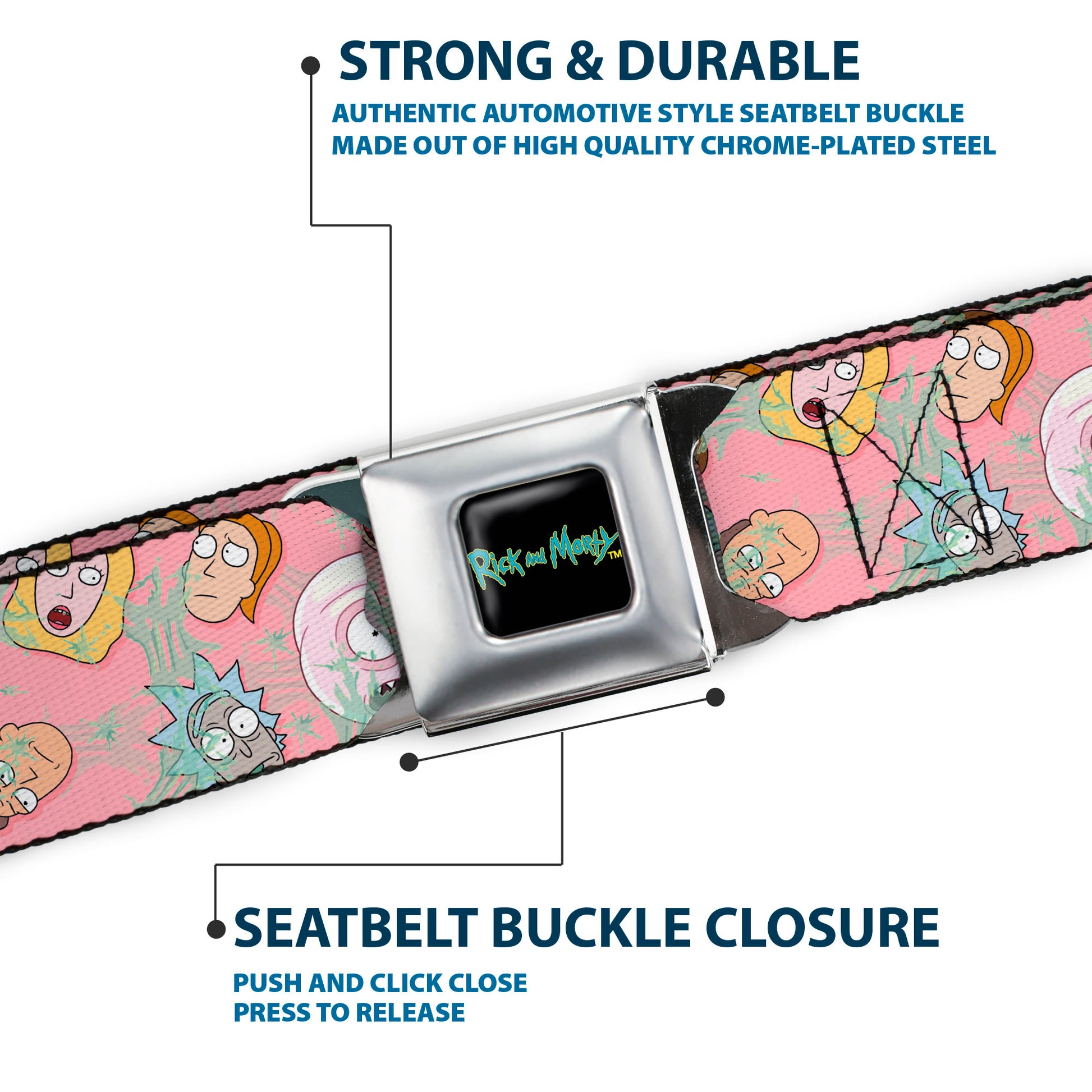 RICK AND MORTY Text Logo Full Color Black/Blue Seatbelt Belt - Rick & Morty Smith Family and Sticky Faces Scattered Pink Webbing Seatbelt Belts Rick and Morty