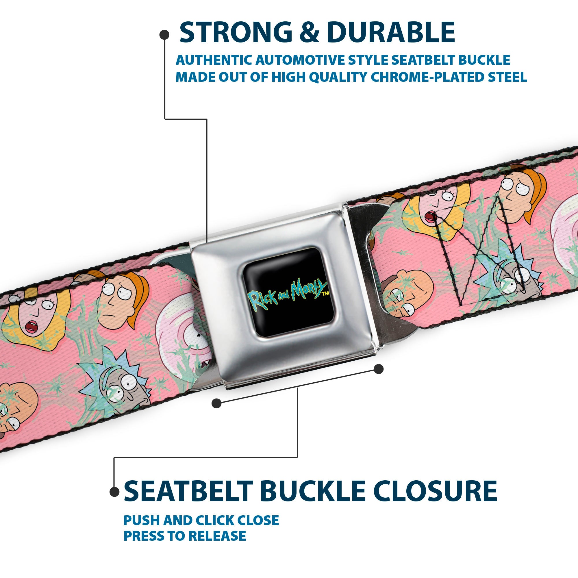 RICK AND MORTY Text Logo Full Color Black/Blue Seatbelt Belt - Rick & Morty Smith Family and Sticky Faces Scattered Pink Webbing Seatbelt Belts Rick and Morty