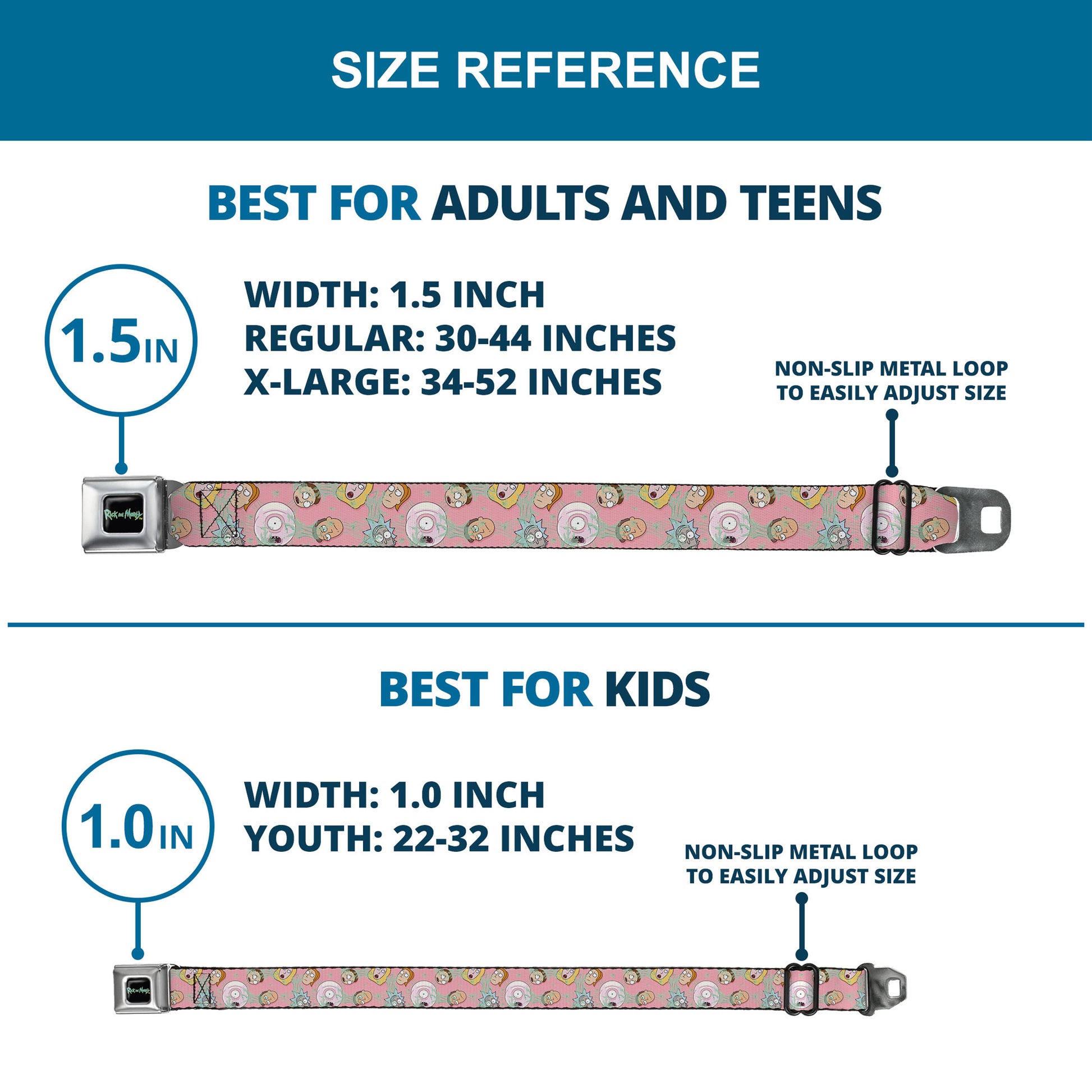 RICK AND MORTY Text Logo Full Color Black/Blue Seatbelt Belt - Rick & Morty Smith Family and Sticky Faces Scattered Pink Webbing Seatbelt Belts Rick and Morty