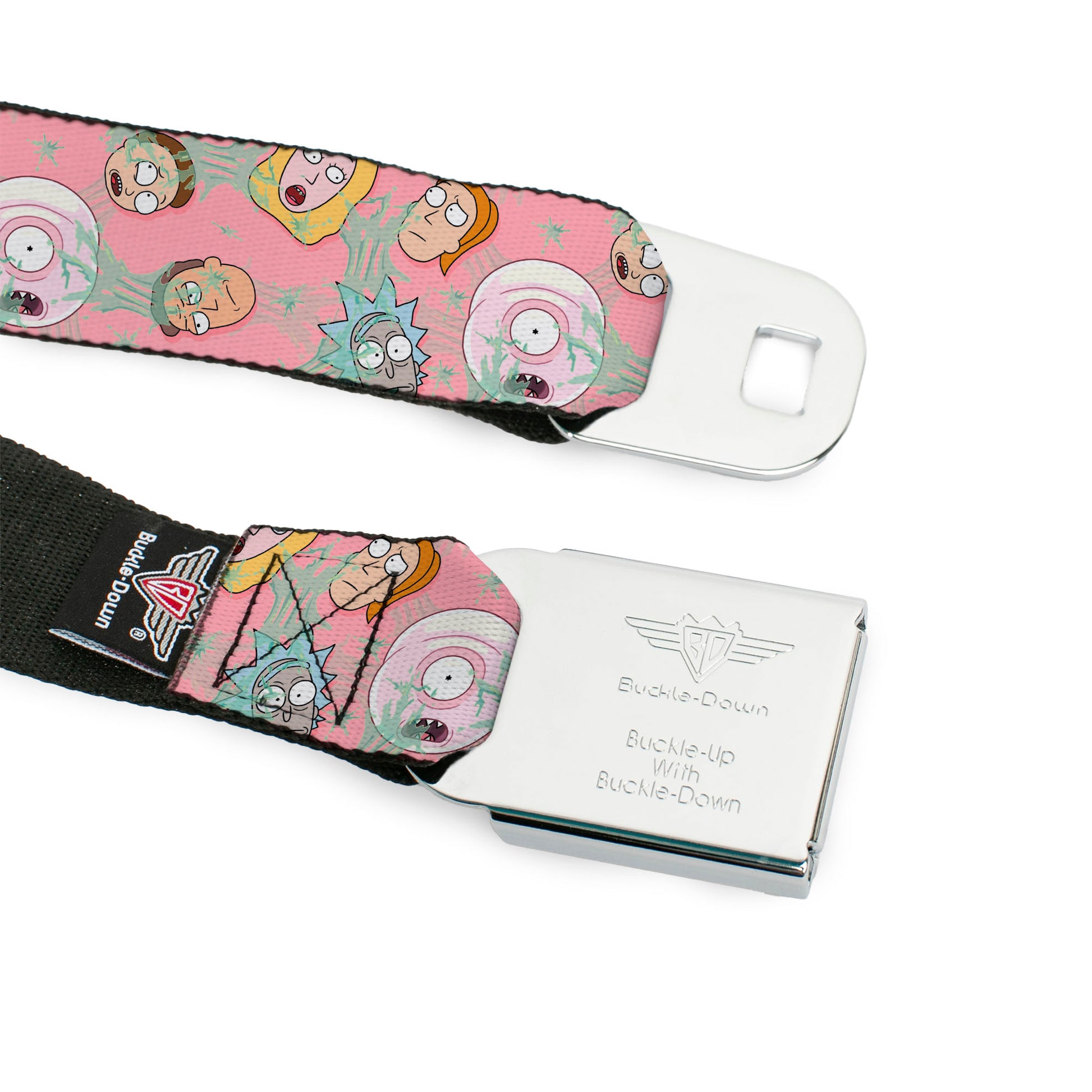 RICK AND MORTY Text Logo Full Color Black/Blue Seatbelt Belt - Rick & Morty Smith Family and Sticky Faces Scattered Pink Webbing Seatbelt Belts Rick and Morty