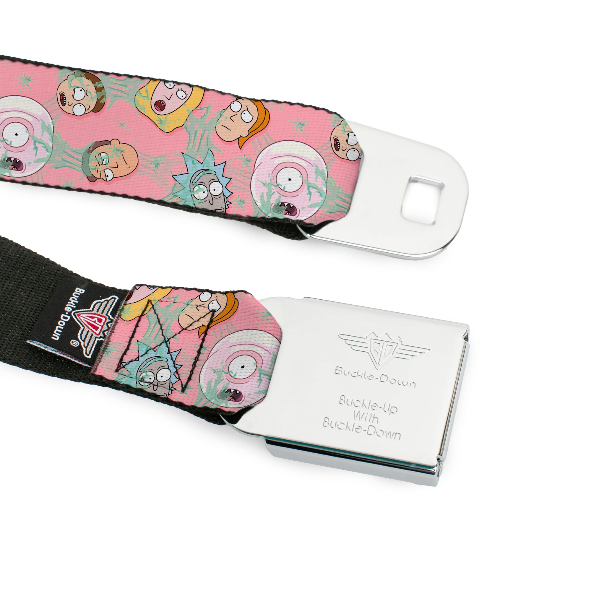 RICK AND MORTY Text Logo Full Color Black/Blue Seatbelt Belt - Rick & Morty Smith Family and Sticky Faces Scattered Pink Webbing Seatbelt Belts Rick and Morty